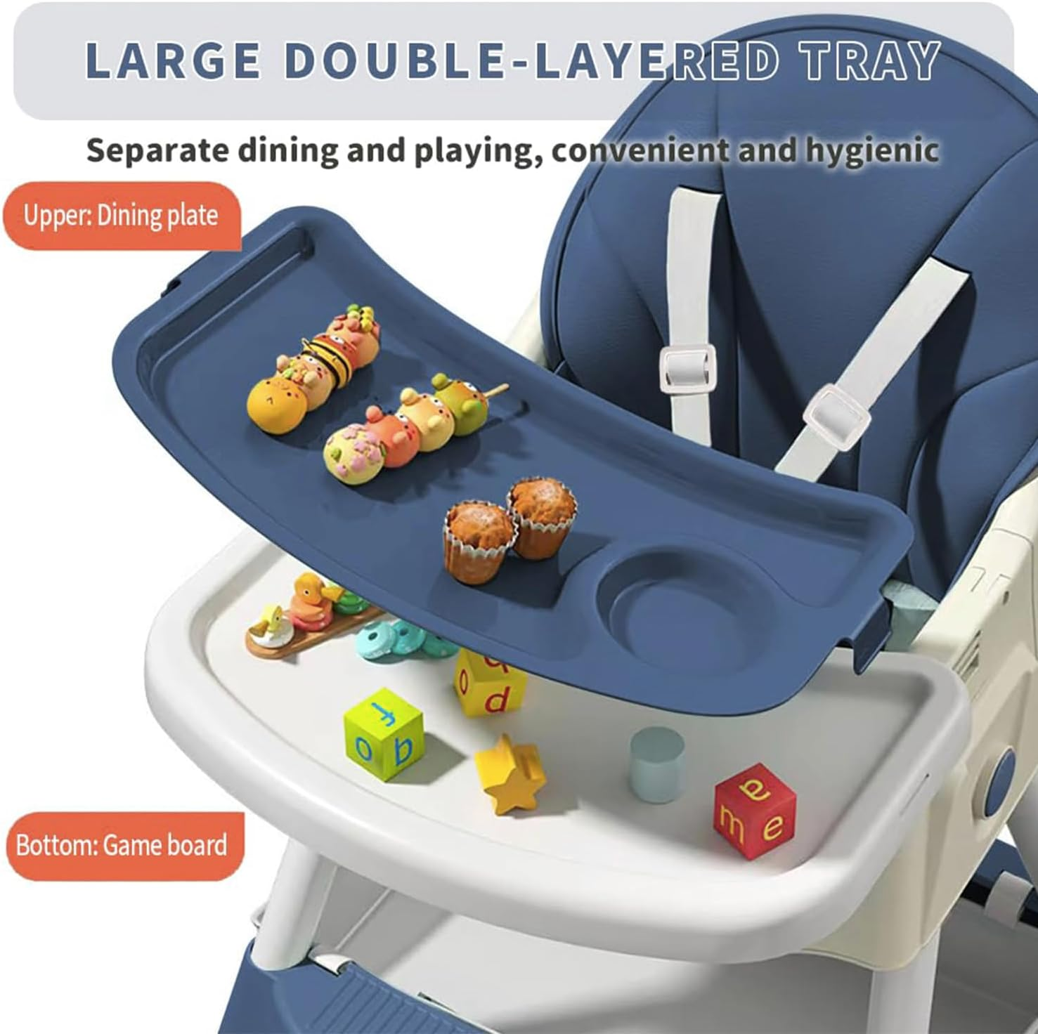 Baby High Chair for Babies and Toddlers with 360 Degree Rotatable Wheels 6 in 1/3 in 1 Foldable and Portable Children'S Highchair Suitable for Babies of All Ages to Grow up (Navy Blue) - Bear Grey image number 4