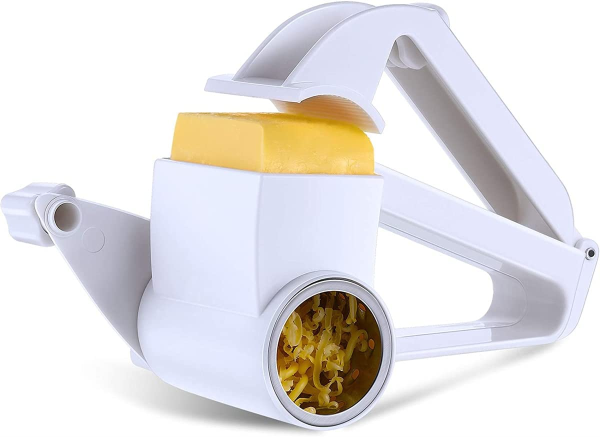 Hand-Operated Rotary Cheese Grater,Manual Handheld Cheese Cutter with Stainless Steel Drum, Hand Crank Kitchen Tool for Grating Hard Cheese, Chocolate, Nuts and More (White)