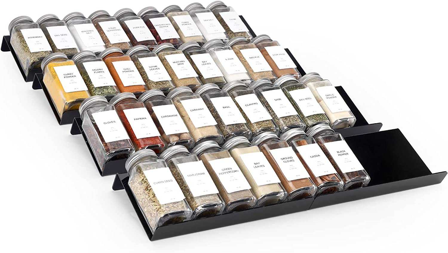 MIUKAA Spice Drawer Organizer, Black Acrylic 4 Tier 2 Set Expandable from 9" to 18" Seasoning Jars Drawers Insert, Kitchen Spice Rack Tray for Drawer/Countertop(Jars Not Included) image number 7
