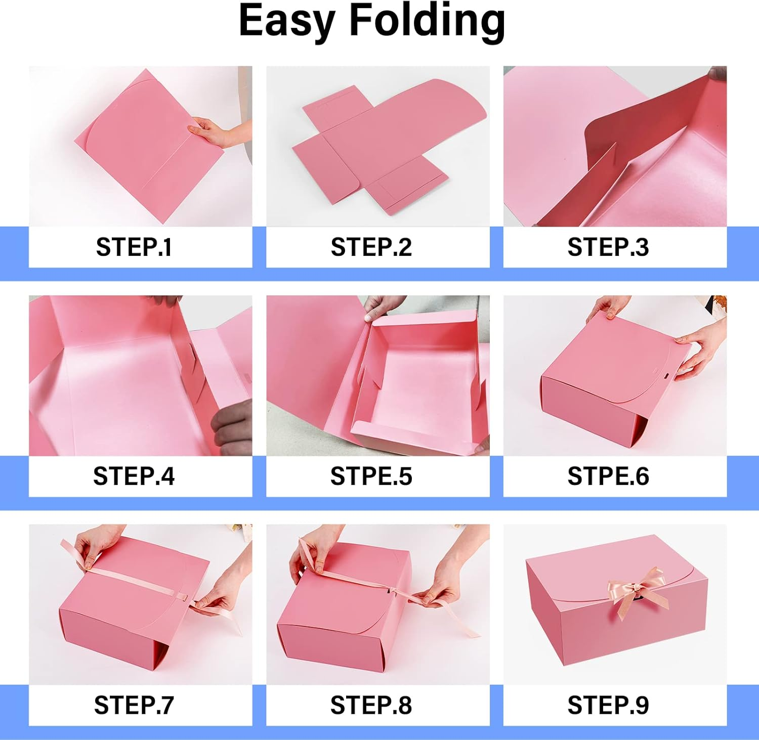 PEKGRIL 15 Pcs Gift Boxes with Lids, Pink 10X8X4 Inch Gift Boxes, Bridesmaid Proposal Box with Ribbon, Kraft Paper Boxes for Wedding, Packaging, Present, Birthday, Christmas, Party - Blue image number 3