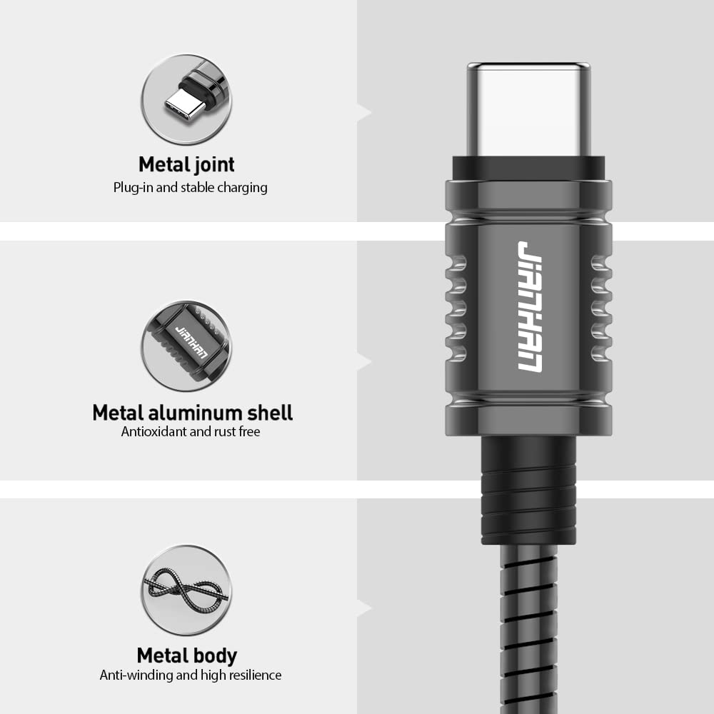 USB C Cable,Jianhan 3A Fast Charging Metal Braided 1M/3.3FT Almost Unbreakable Type C Cable USB 2.0 Charger Cord for Samsung Galaxy S20/S10/S8/S9 Plus,Note 10/9/8,LG G6 G5,Google Pixel,Motorola Moto image number 5