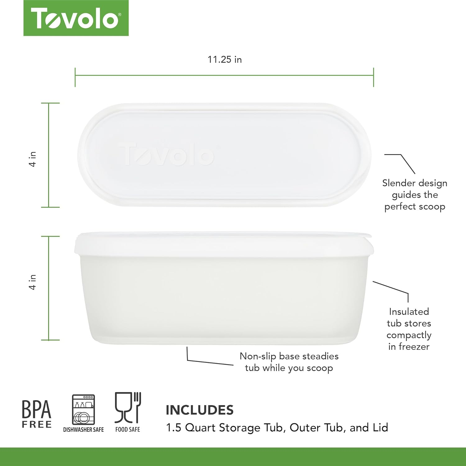 Tovolo Glide-A-Scoop Ice Cream Tub, 1.5 Quart, Insulated, Airtight Reusable Container with Non-Slip Base, Stackable on Freezer Shelves, Bpa-Free, White image number 6