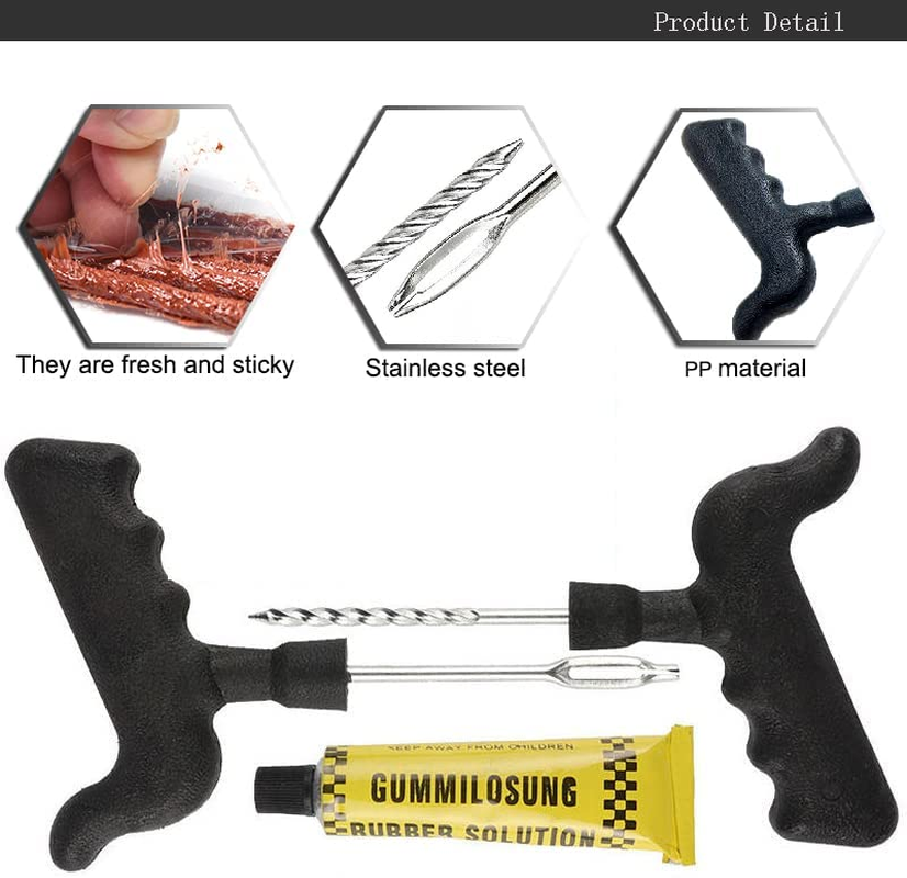 Tubeless Tire Repair Kit with 5 Plugs, Heavy Duty Puncture Repair Tool for Cars, Trucks, Motorcycles, Rvs, Tractors