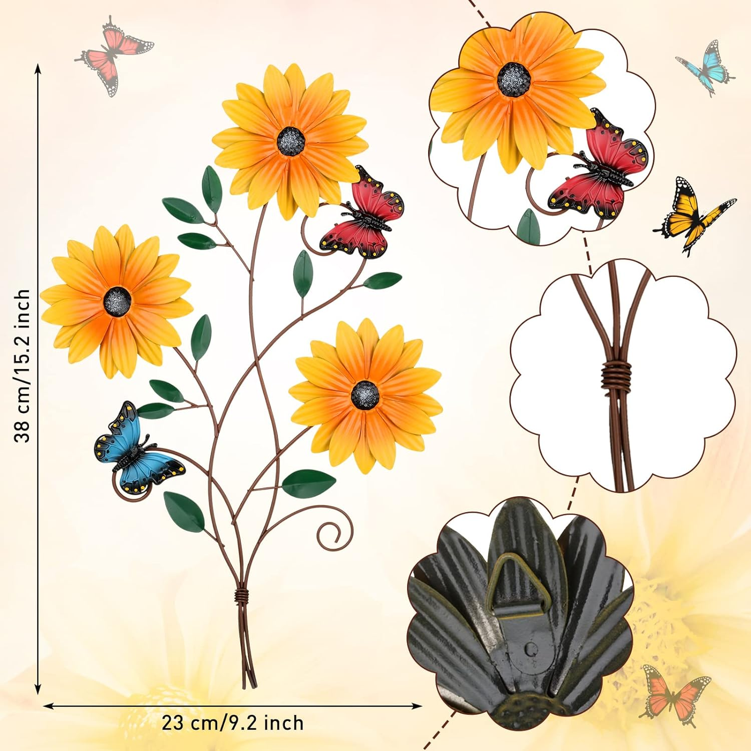 Lounsweer Metal Sunflower Wall Decor Rustic Sunflower Bathroom Decor for Patio Butterfly Flower Wall Art Vintage Hanging Metal Flower for Home Kitchen Indoor Outdoor, 15X9 Inch(1 Piece) image number 1