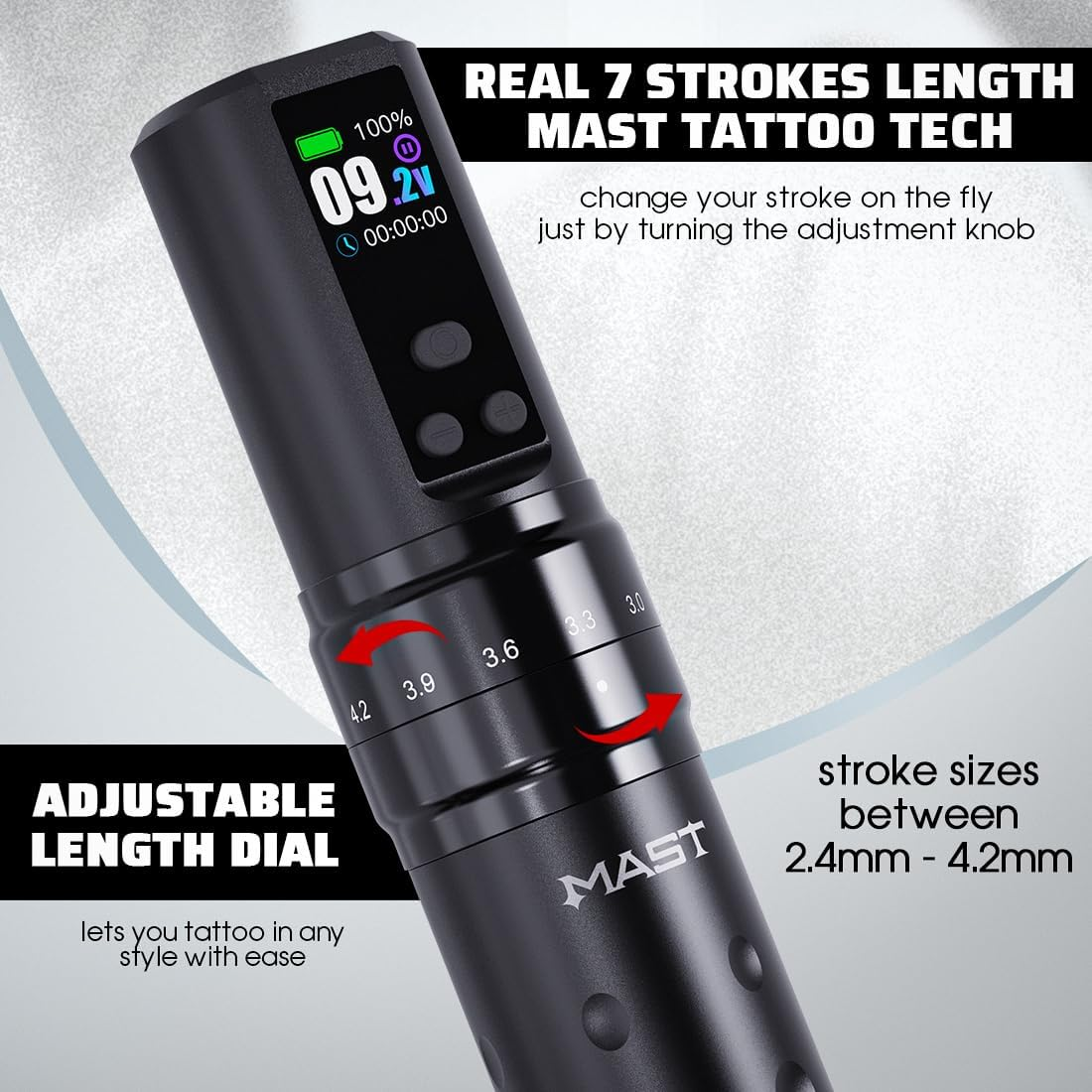Mast Tattoo Fold2 Pro Wireless Tattoo Gun Rotary Pen Machine, Powerful Motor by Mcore, Smart Display, 7 Strokes Length for Pro Artists (Black) image number 5