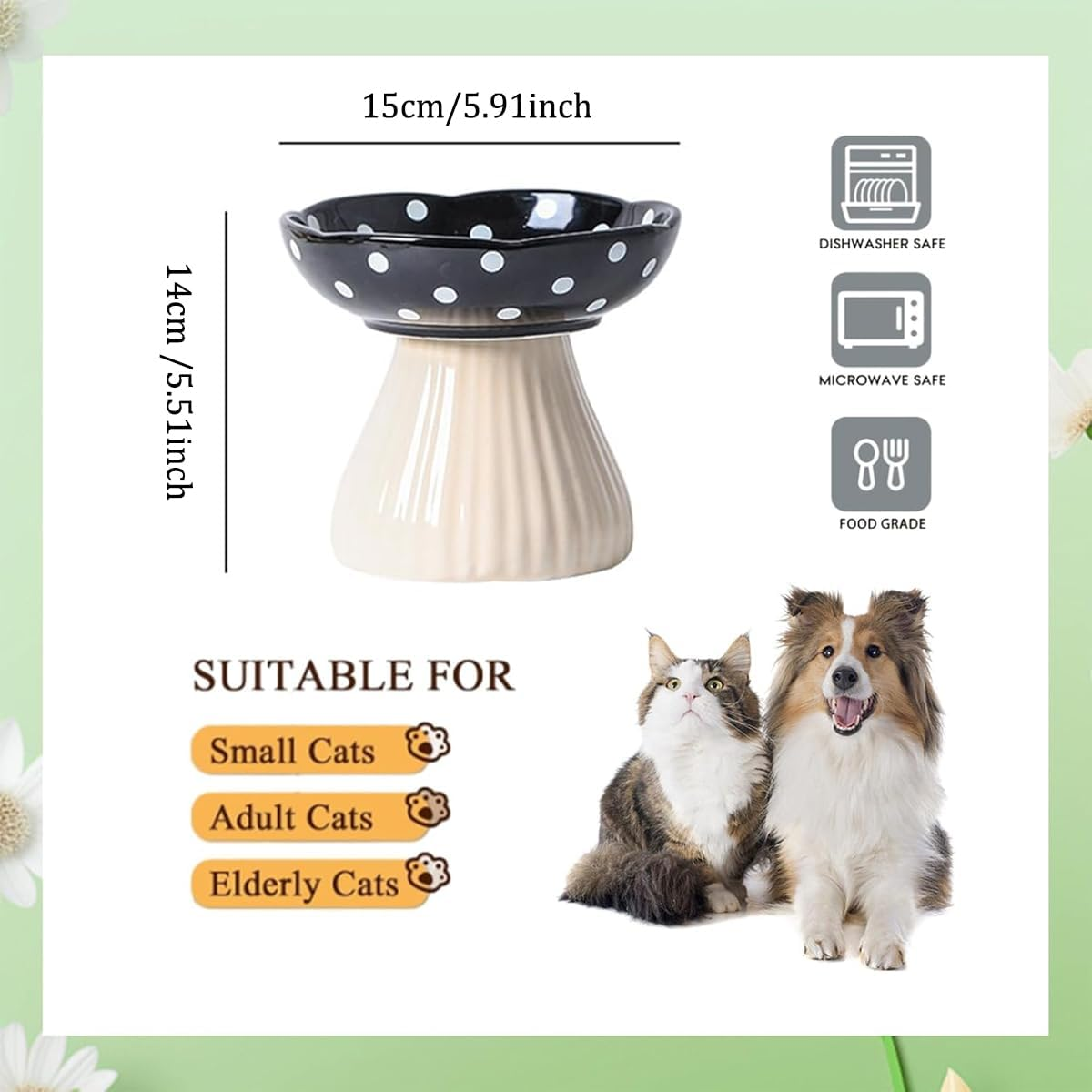 AIMALL Elevated Pet Bowl, Non-Slip Cat Feeding Bowl with Polka Dot Design, Food Grade, Suitable for Small, Adult and Senior Cats, 5.91 X 5.51 Inches - Black image number 2