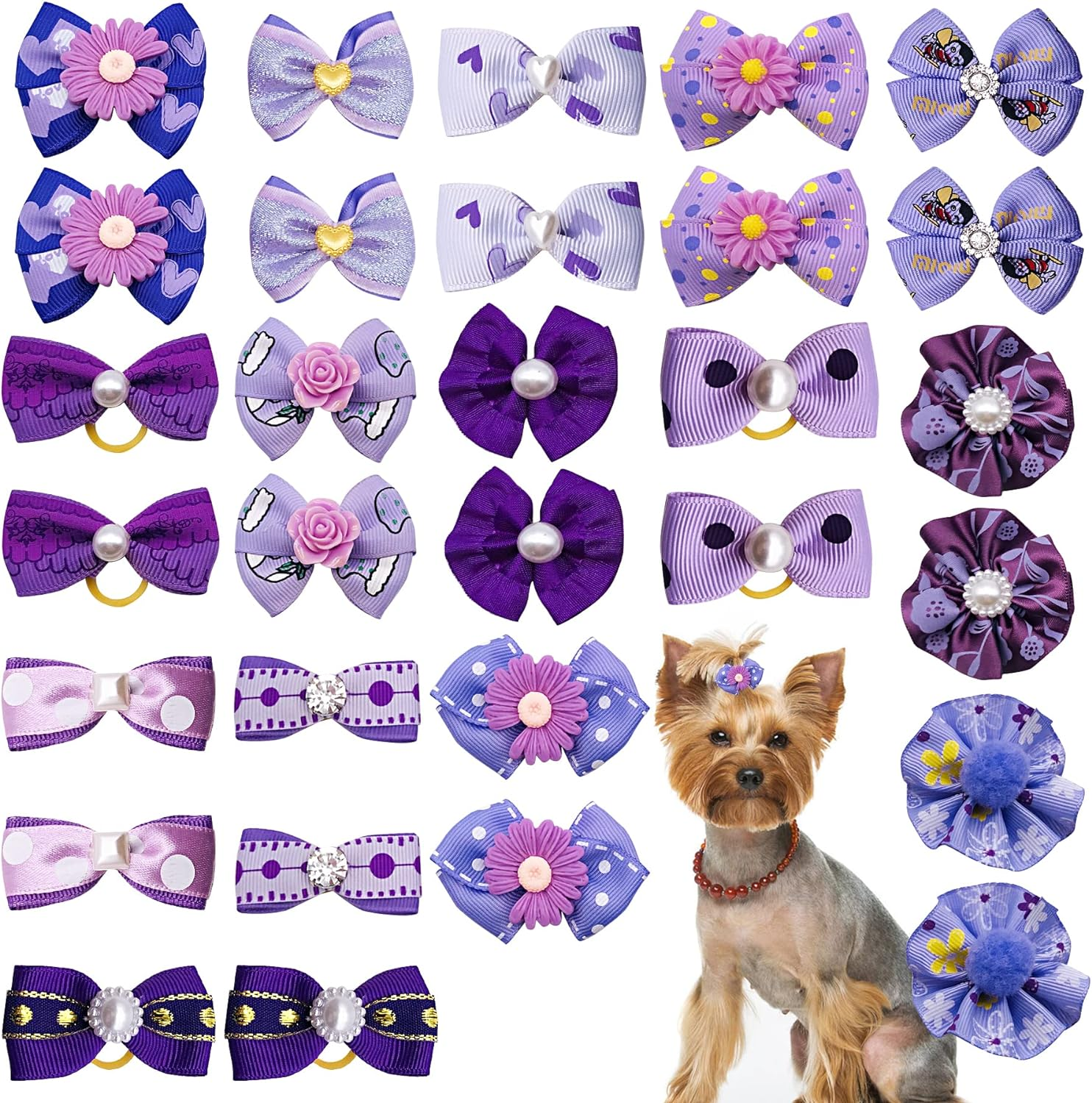 30PCS/15PAIRS Purple Dog Hair Bows with Rubber Bands Puppy Hair Bowknot Top Knot Elastic for Girl Female Doggy Cat Rabbit Poodle Pet Animal Grooming Accessories Attachment&hellip; image number 3