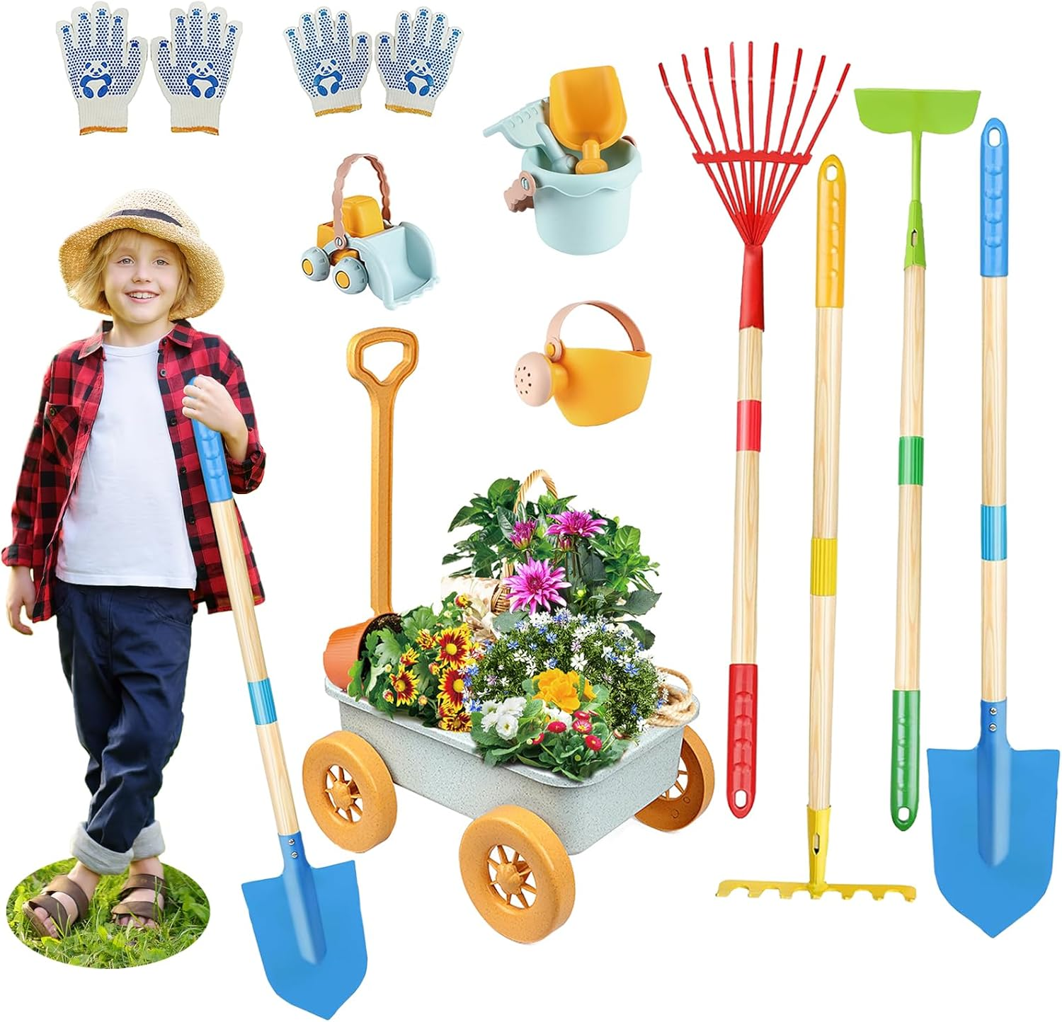 Mostop Kids Gardening Tools Set, Gardening Set for Kids, Outdoor Backyard Farm Digging Toys with Wheelbarrow, Metal Shovel, Rake, Leaf Rake, outside Garden Wagon Toys Birthday Gifts for Boys Girls 4-8 image number 3