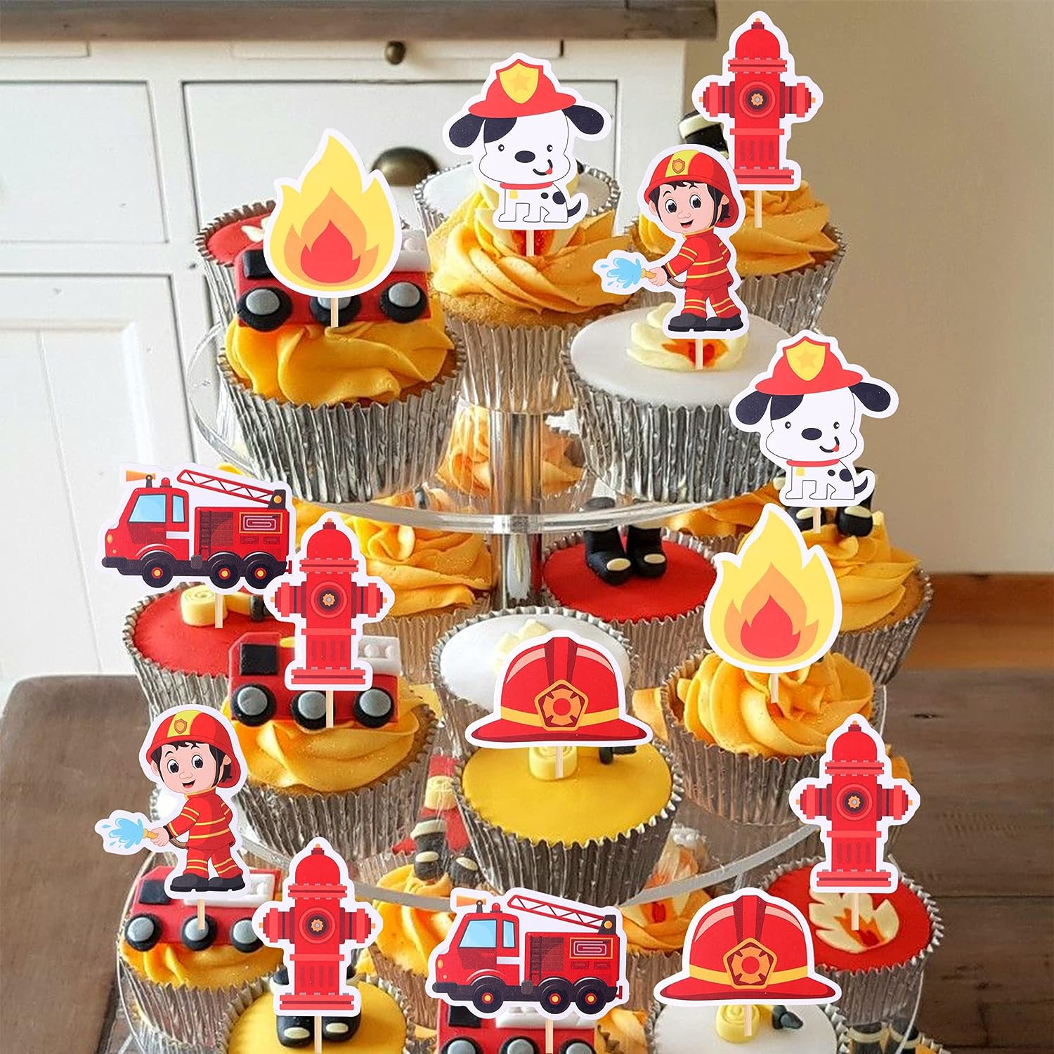 30 Pack Fire Truck Cupcake Toppers Fireman Cupcake Picks Fire Department Engine Rescue Theme Baby Shower Birthday Party Cake Decorations Supplies image number 3