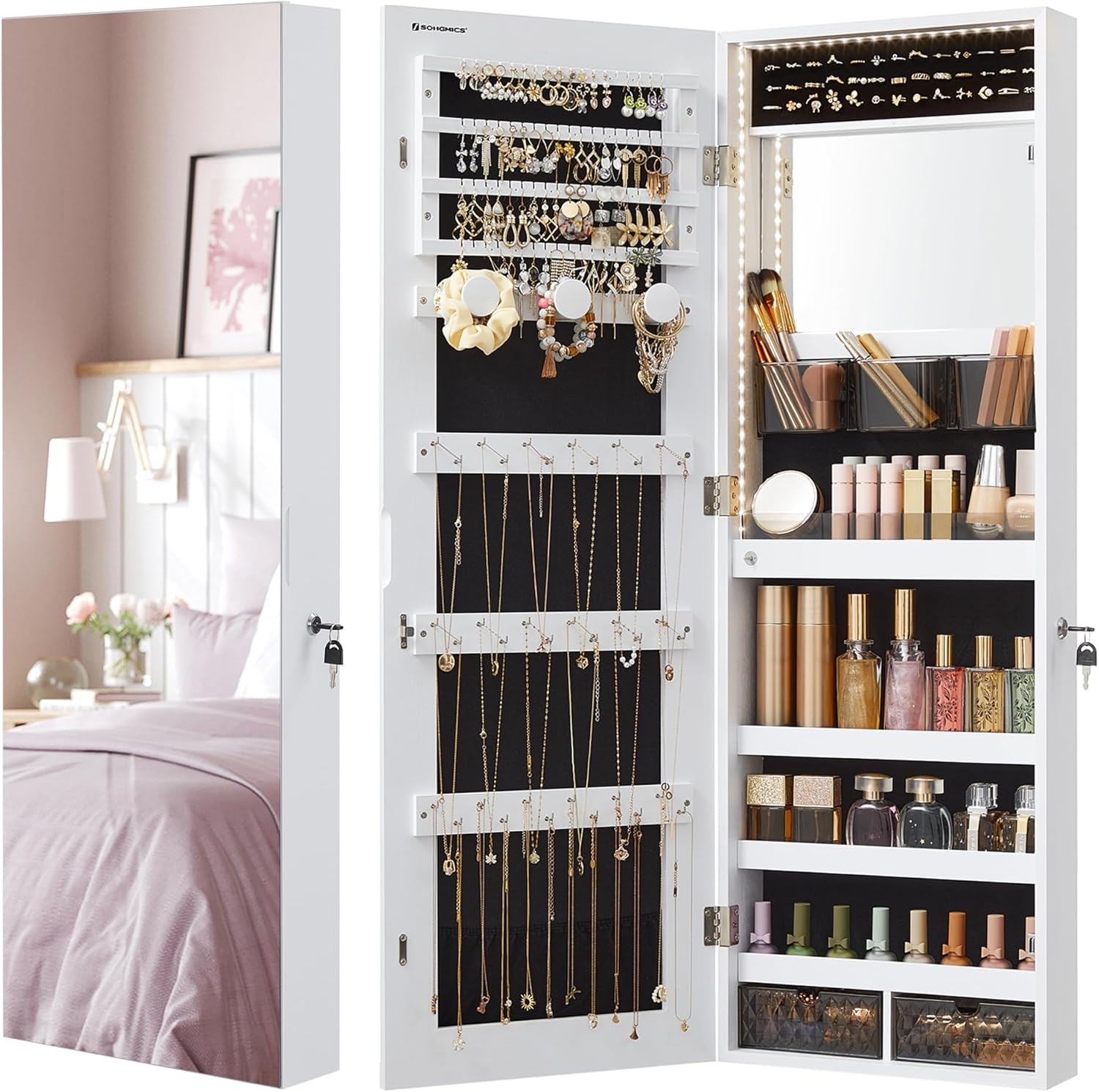 SONGMICS Jewelry Cabinet Armoire Organizer with LED Lights, Wall-Mounted Storage Cabinet with Full-Length Frameless Mirror, Built-In Makeup Mirror, 2 Drawers, Lockable, White UJJC013W01 image number 2