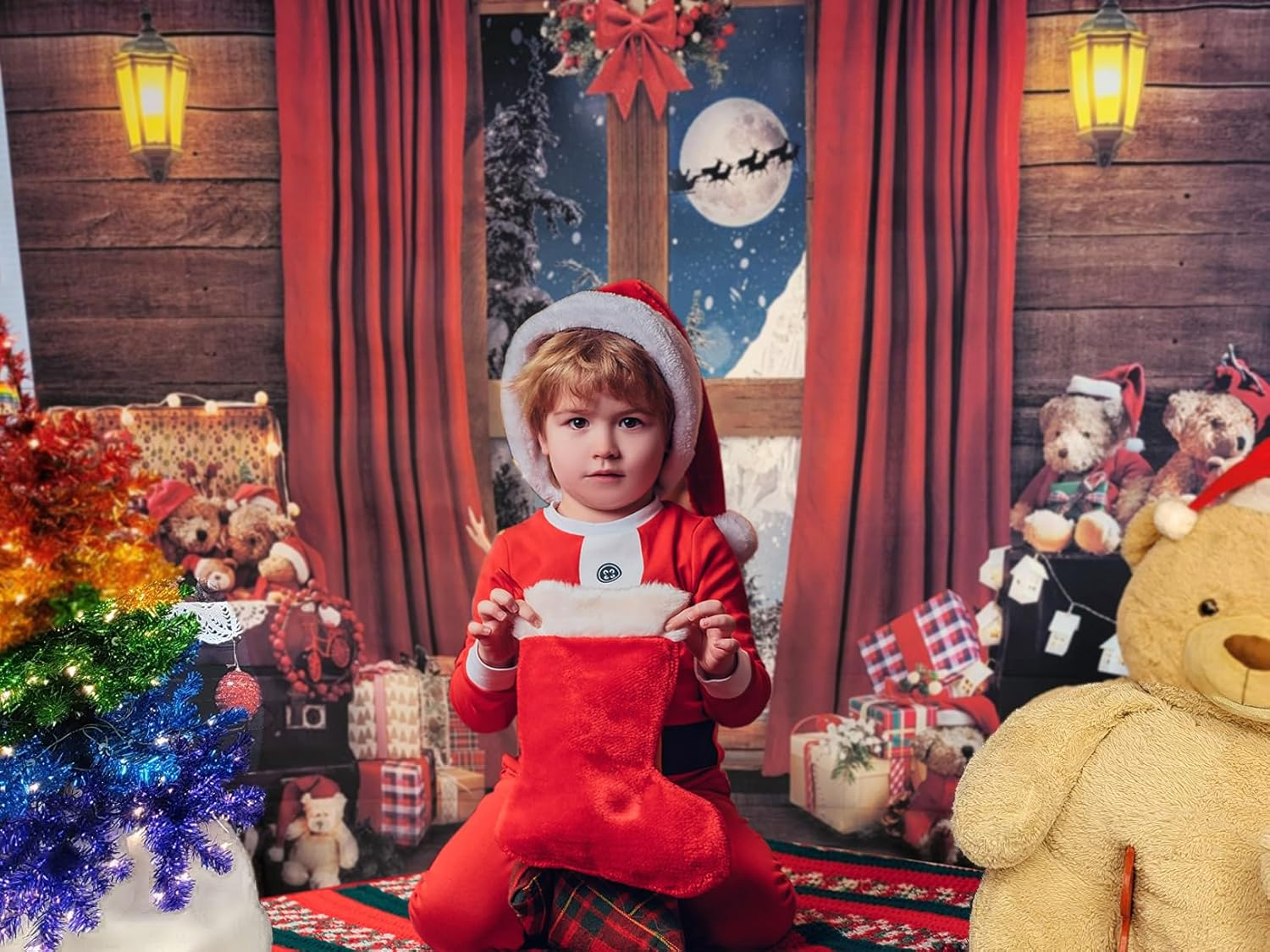 Mocsicka Christmas Window Backdrop Santa Gifts Bear Christmas Window Decorations for Baby Family Kids Indoor Xmas Tree New Year Holiday Photography Background (7X5Ft (82X60 Inch)) image number 1