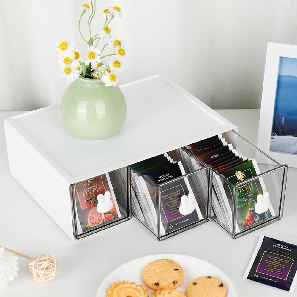 BAIEUEJO Cupboard Organizers Tea Box with 3 Drawers Plastic Stackable Tea Bag Organizer Storage Box for Tea Bags, Coffee, Etc. Kitchen Organiser for Kitchen/Bathroom/Dressing/Office, Etc (White) image number 3