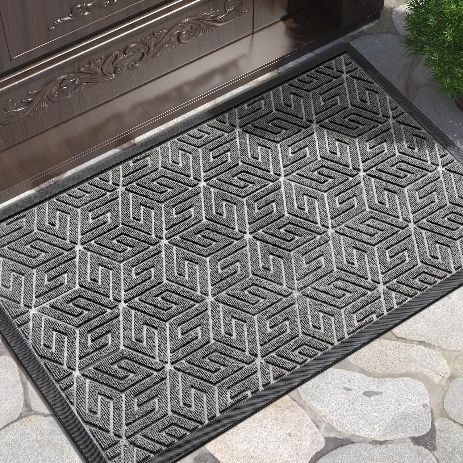 Yimobra Front Door Mat outside Entrance 17X29.5, Waterproof All-Season Weather Doormat, Stain and Fade Resistant, Indoor Outdoor Entryway Welcome Mat, Non Slip Natural Rubber, Easy Clean Patio, Gray image number 2