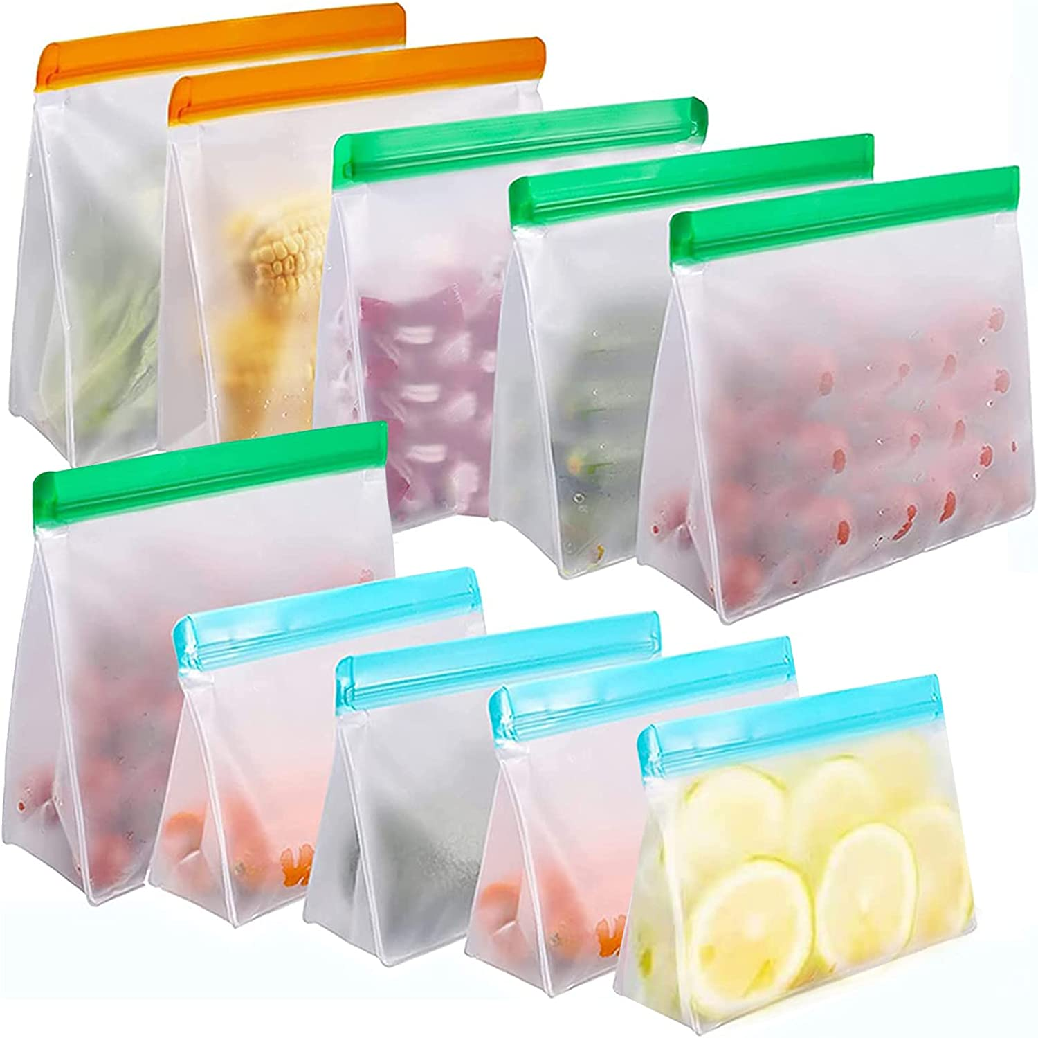 Reusable Food Storage Bags 10 Pack - Stand up Leakproof Bags for Kitchen, 2 Gallon + 4 Sandwich + 4 Snack Freezer Bags for Meat, Fruit, Cereal image number 5