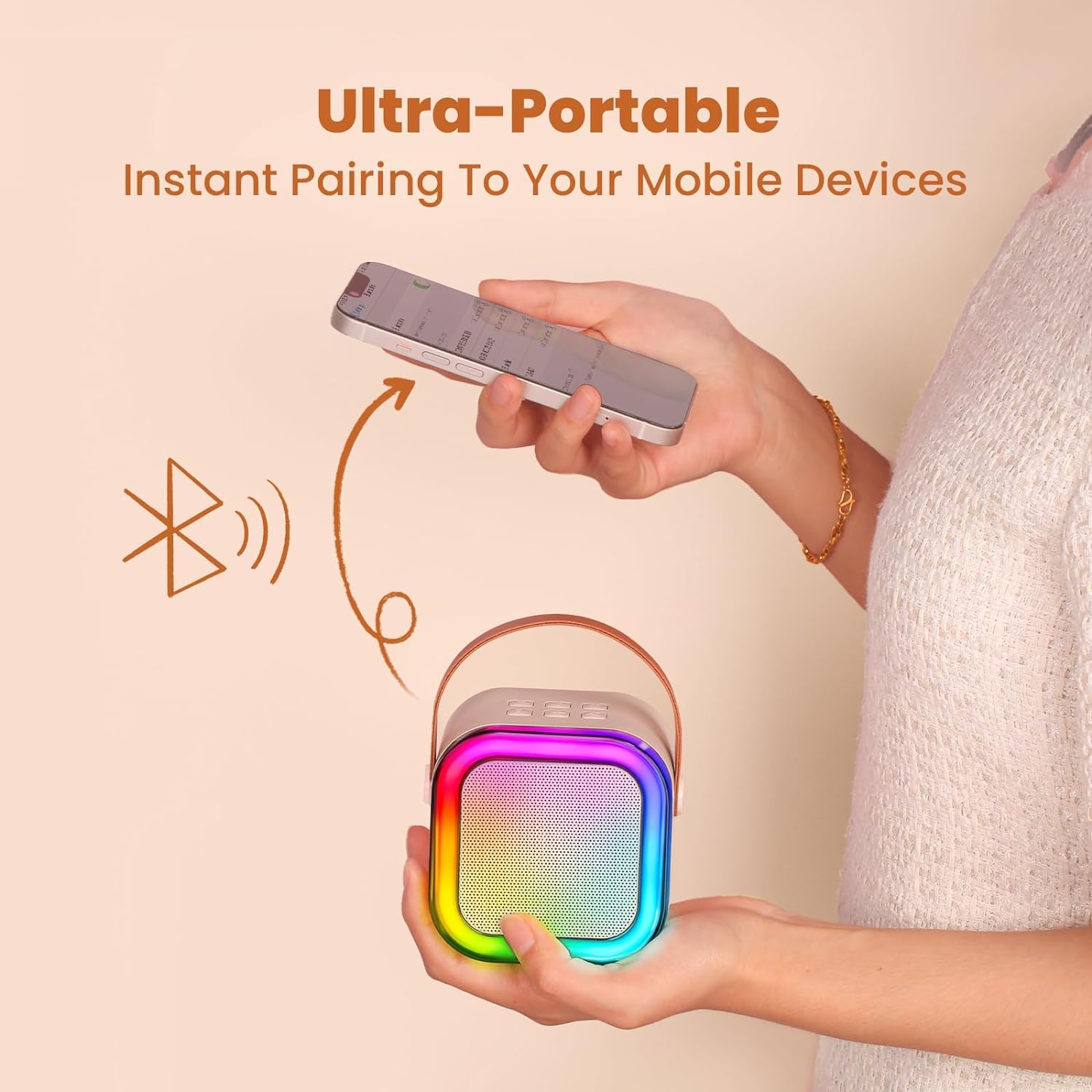 Kids Karaoke Machine, Karaoke Microphone Machine Toy with 2 Wireless Microphones, Portable Bluetooth Speaker Gift with Colorful Lights for Girls Boys Family Home Party(Beige) - Beige image number 5