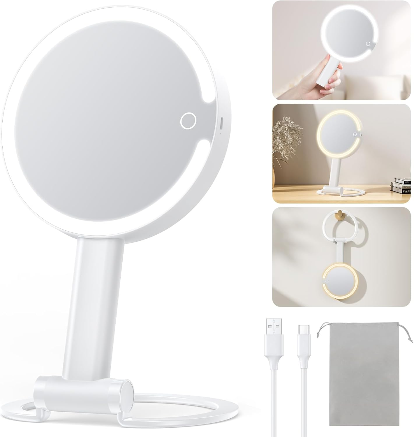 Gospire Magnifying Mirror with Light, 10X / 1X Double-Sided Makeup Mirror, 3 Colours, Dimmable Cosmetic Mirror with Lighting, 3-In-1 Travel Makeup Mirror, White