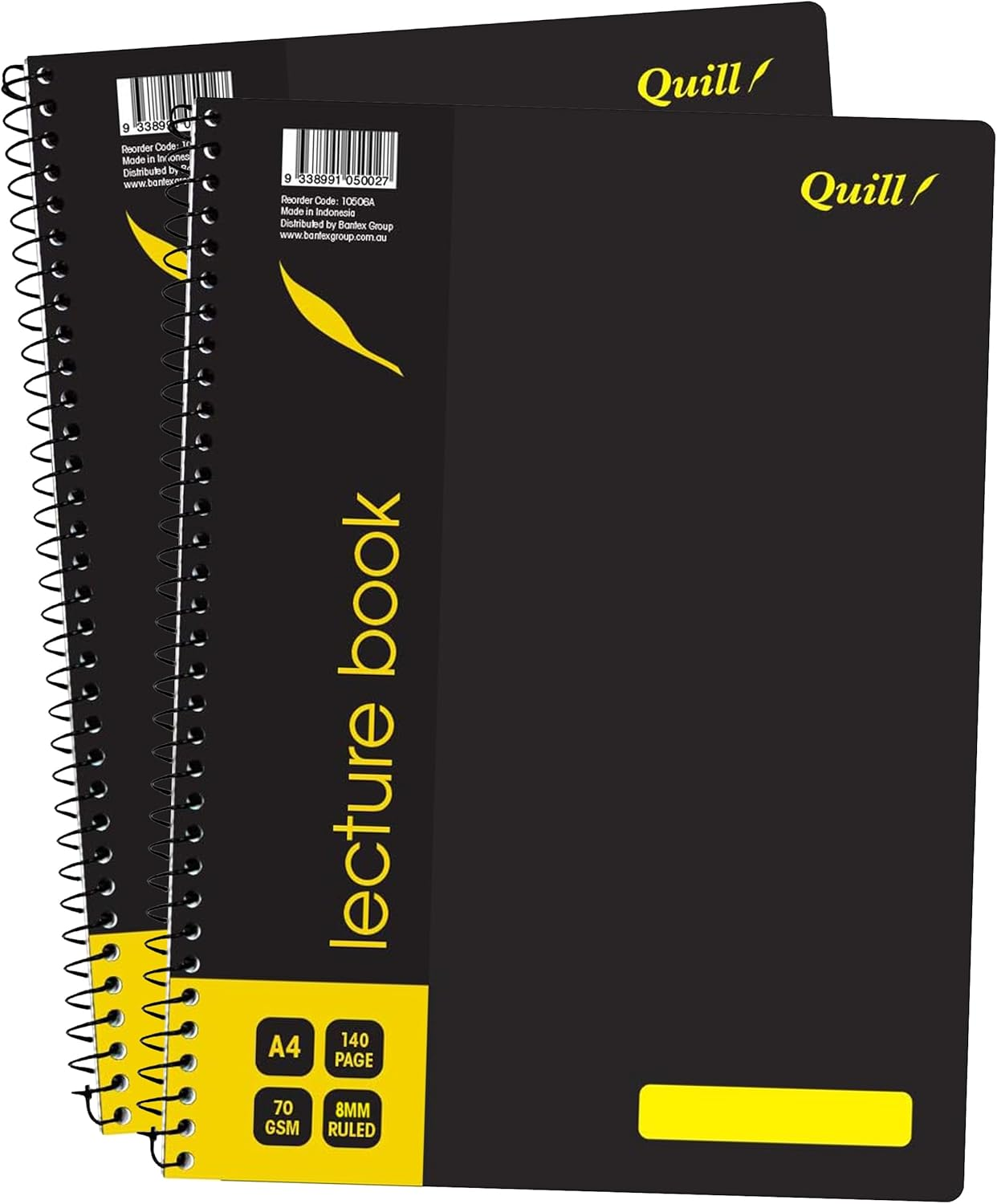 Quill, Lecture Notebook A4, 140 Pages, 70 Gsm, 8Mm Ruled, 7 Punched Holes, Spiral Bound, Waster Resistent Black Cover, Pack of 2