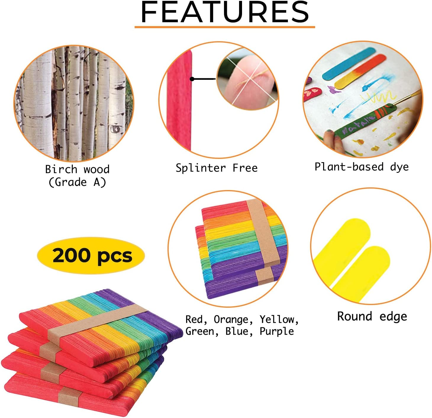 200 Pcs Assorted Colored Wooden Craft Sticks, Rainbow Popsicle Stick, Arts and Crafts, Best for DIY Games Making, Building Designs or Kids Education, 4.5 Inch Long image number 6