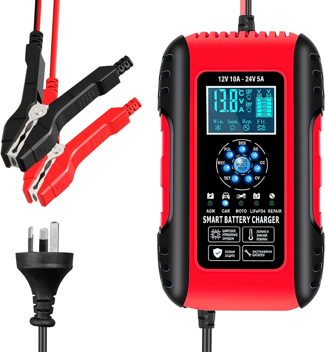 Car Battery Charger, 10A Lifepo4 Lead Acid Car Battery Charger, Upgraded Automobile Trickle Charger 12/24V, 12V Battery Charger Trickle Charger for Car Truck Motorcycle Lawn Mower Boat Marine image number 4