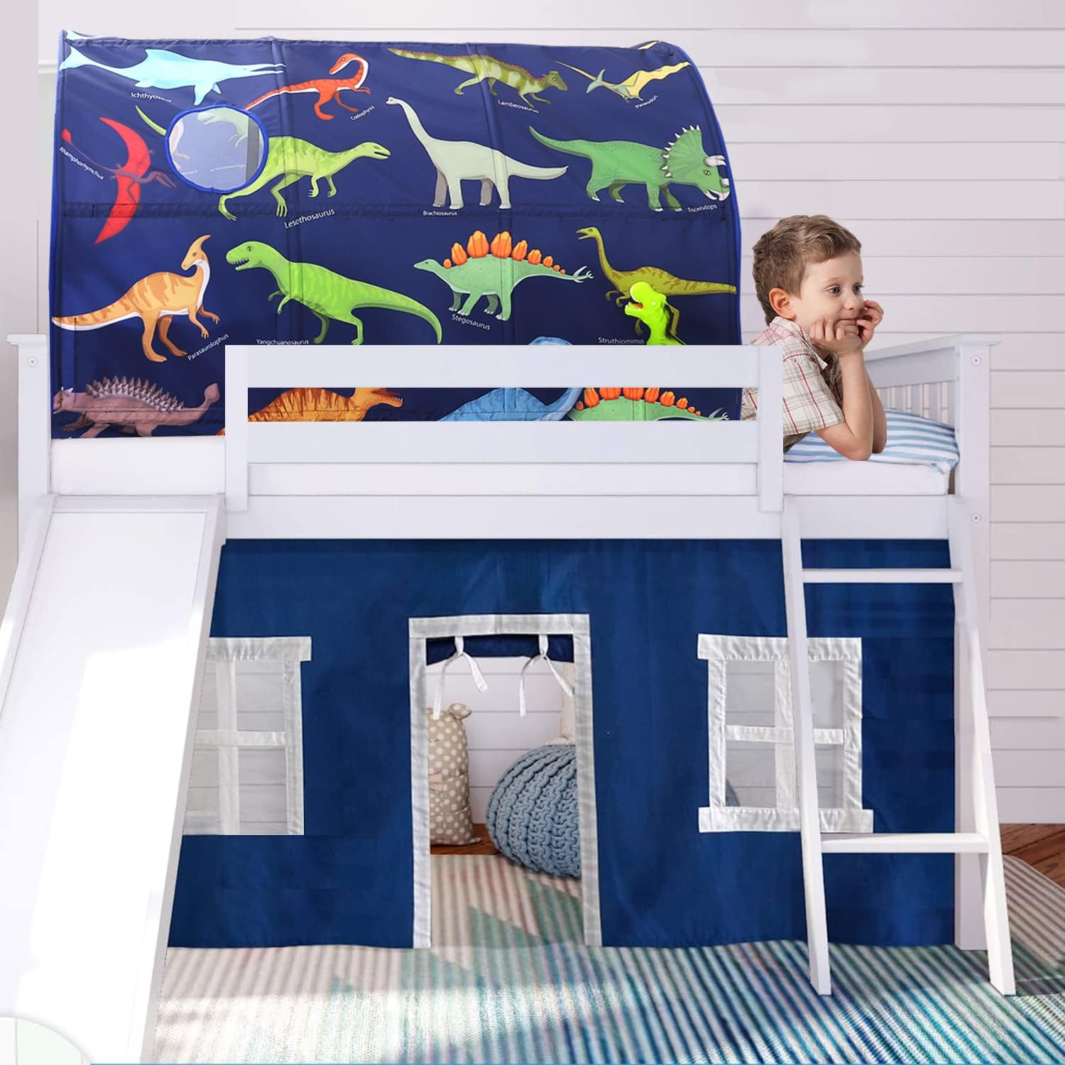 Bed Tent for Toddler Foldable Game House Children Play Tents Breathable Cottage Combination Sleeping Canopy Playhouse Double Net Curtain with Storage Bag, Dark Blue-Dino,(Bed Tent-Dino) image number 1