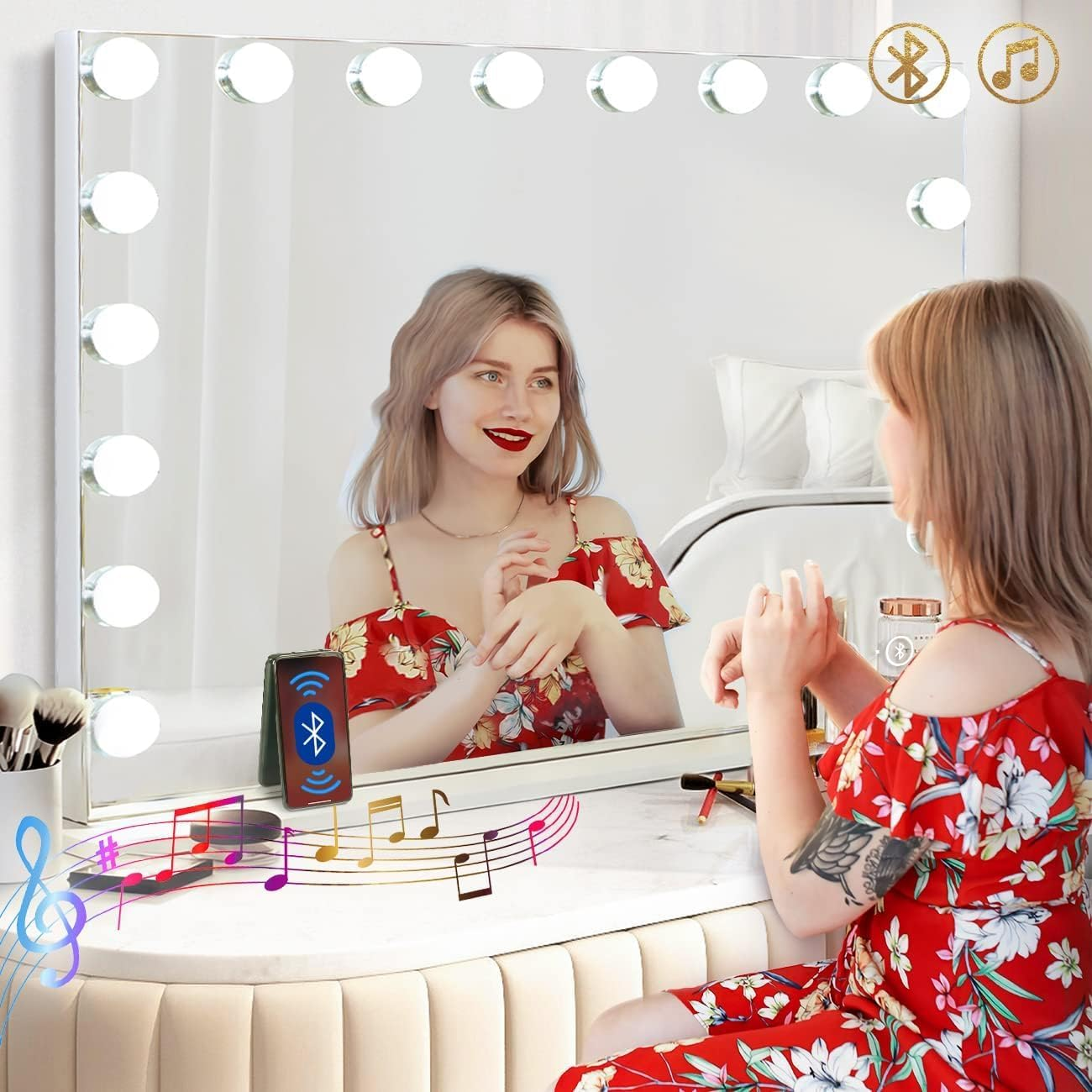 Hansong Vanity Mirror with Lights and Bluetooth Extra Large Hollywood Makeup Mirror with 18 Pcs LED Bulbs Lighted Vanity Makeup Mirror with USB Charging, 3 Color Lighting Modes Tabletop or Wall Mount image number 5