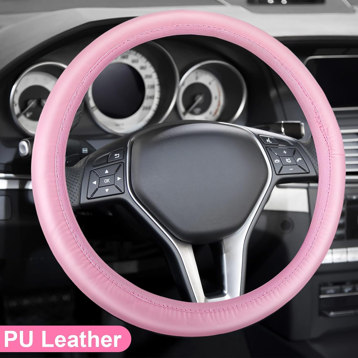 Nuenen 15 Pcs Pink Car Accessories Set Leather Car Seat Covers Full Set Car Accessories Steering Wheel Covers Seat Belt Covers Center Console Pad Bling Rear View Mirror Hanging Accessory(Pink) image number 6