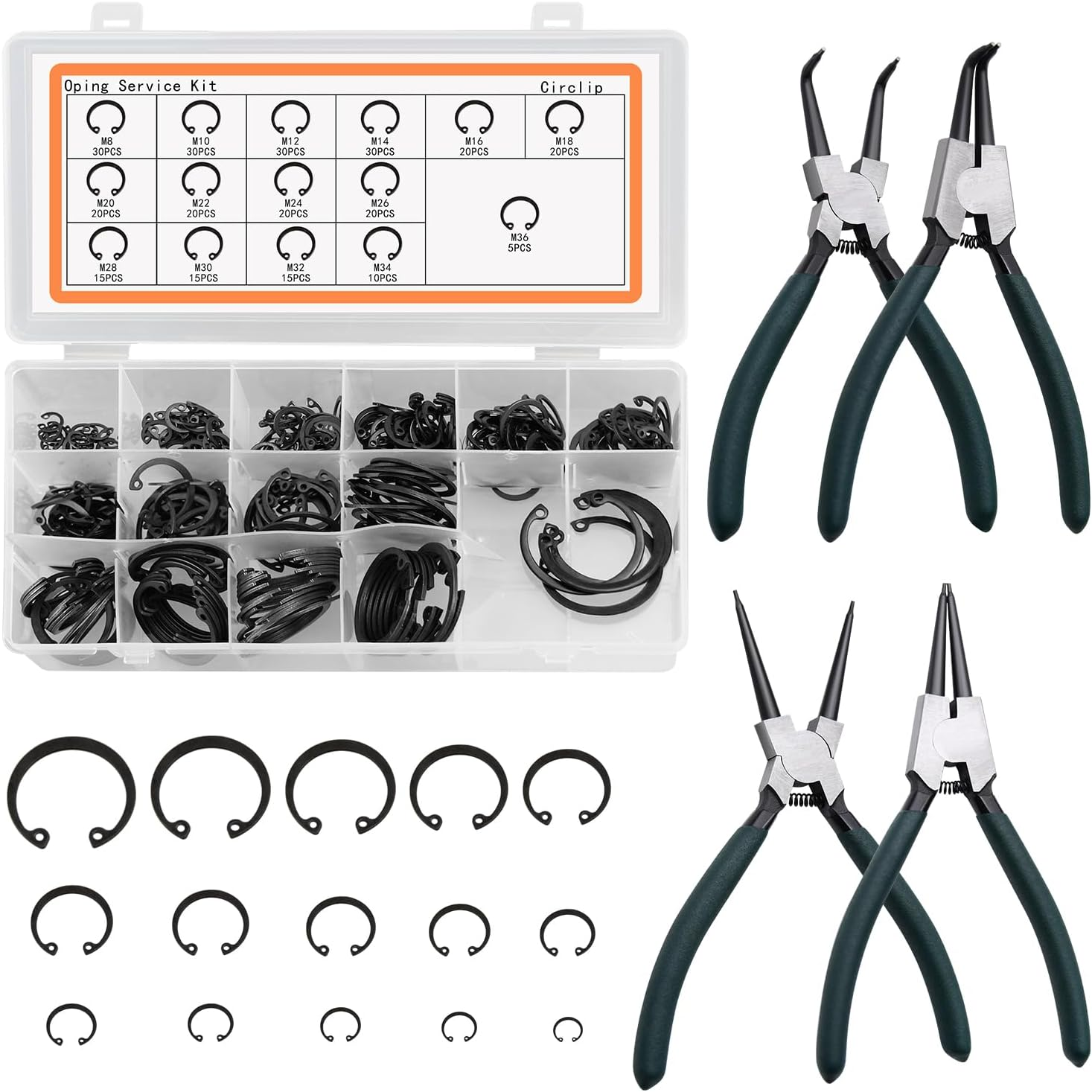 Snap Ring Pliers Set, 4Pcs 7" Internal/External Circlip Pliers Kit with Straight/Bent Jaw, Heavy Duty Precision Spring Loaded Pliers for Ring Remover Retaining and Remove Hoses, Gaskets