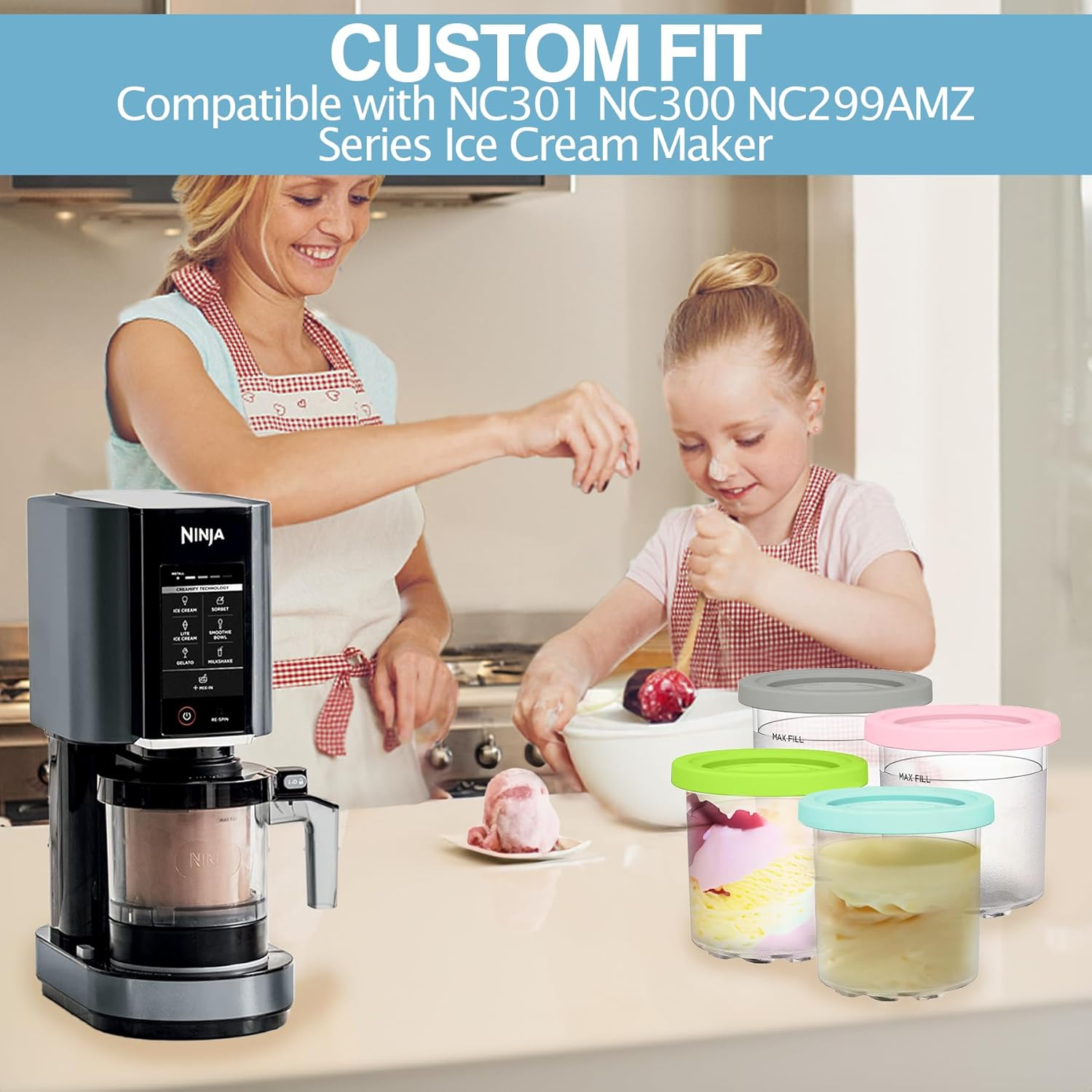 Ice Cream Pint Containers Replacement for Ninja Creami Pints and Lids - 4 Pack, Compatible with NC300 & NC301 & NC299AMZ Series, Leakproof, and Dishwasher Safe, Pink/Green/Grey/Blue image number 4