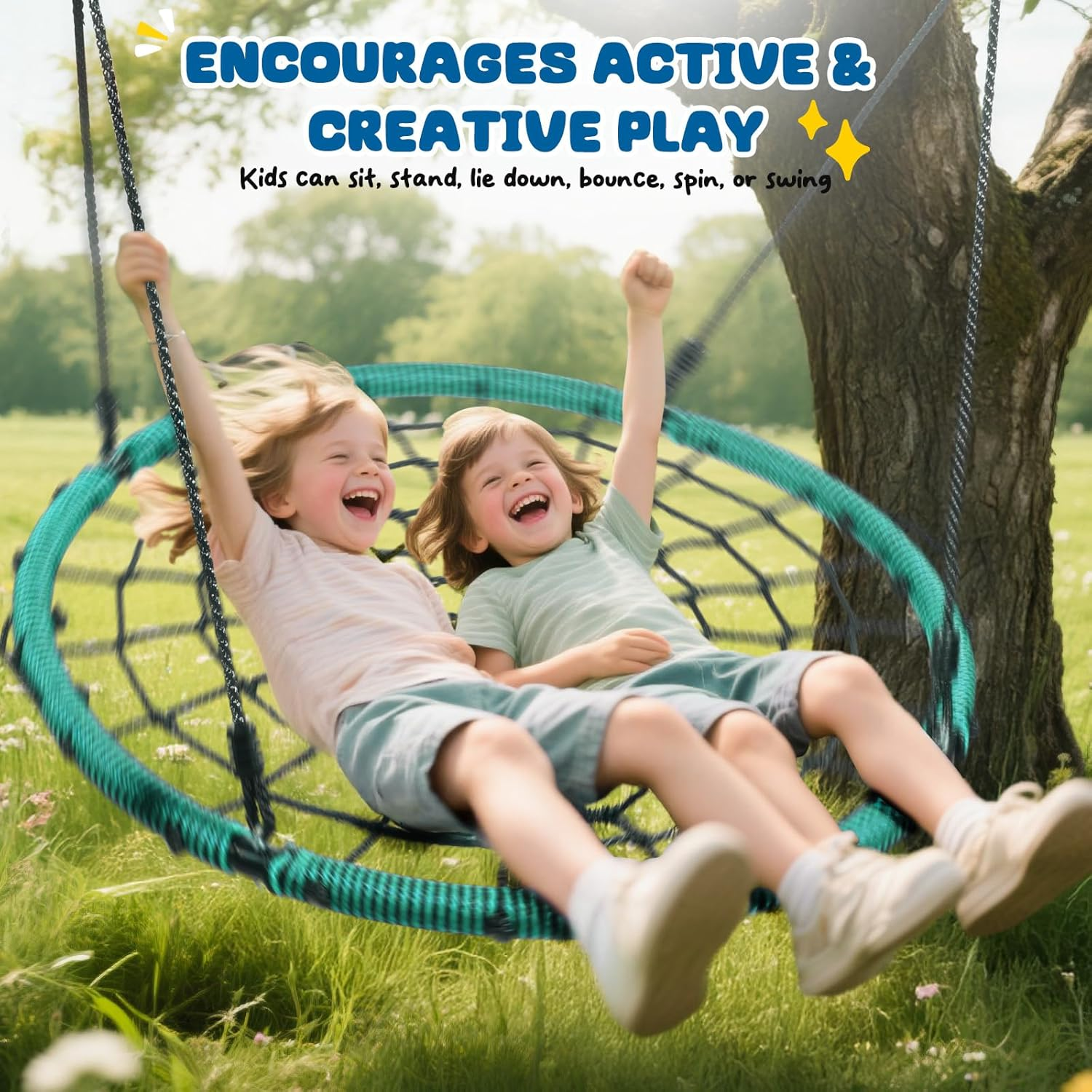 Trekassy 750Lbs Spider Web Saucer Tree Swing 40 Inch for Kids Adults, Outdoor Net Swing with Steel Frame and 2 Hanging Straps-Green image number 2