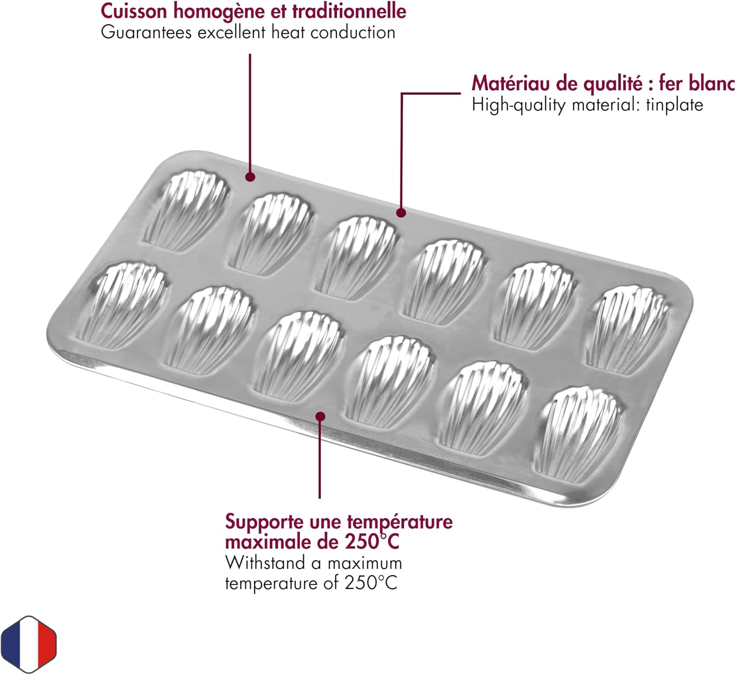 Gobel 2499 12 Count Heavy Tinned Steel Madeleine Sheet Pan, Made in France Silver 15.5 X 7.875 Inch, Tin image number 6