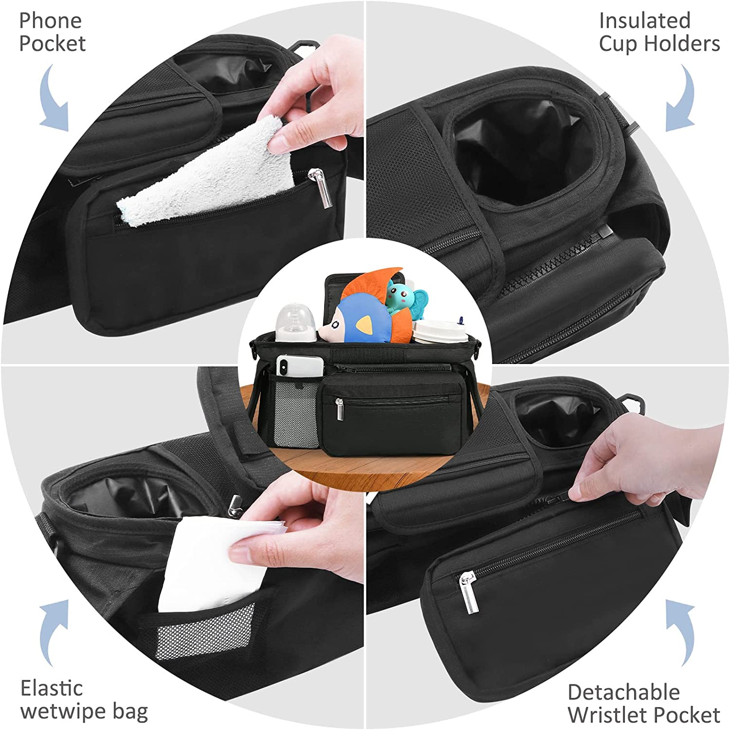 Universal Pram Organiser Bag Large Stroller Organiser with Cup Holders and Shoulder Straps, Stroller Accessories for Diapers Toys & Snacks