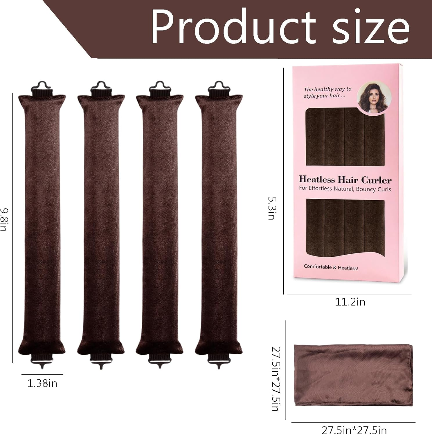 Heatless Hair Curler Rod Headband for Curls, 4 Pack Brown Coffee Color Curling Rods with One Silk Head Scarf image number 1