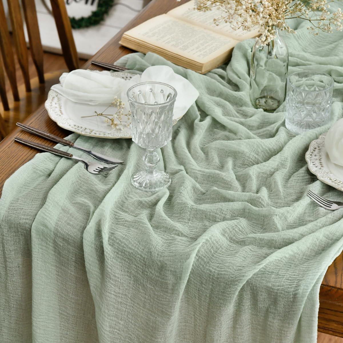 Artoid Mode Verde Foresta Fashion Boho Gauze Cheesecloth Dusty Table Runner, 90 X 300 Cm Seasonal Holiday Kitchen Dining Table Decoration for Indoor Outdoor Home Party Decor - Blue Glacier image number 2