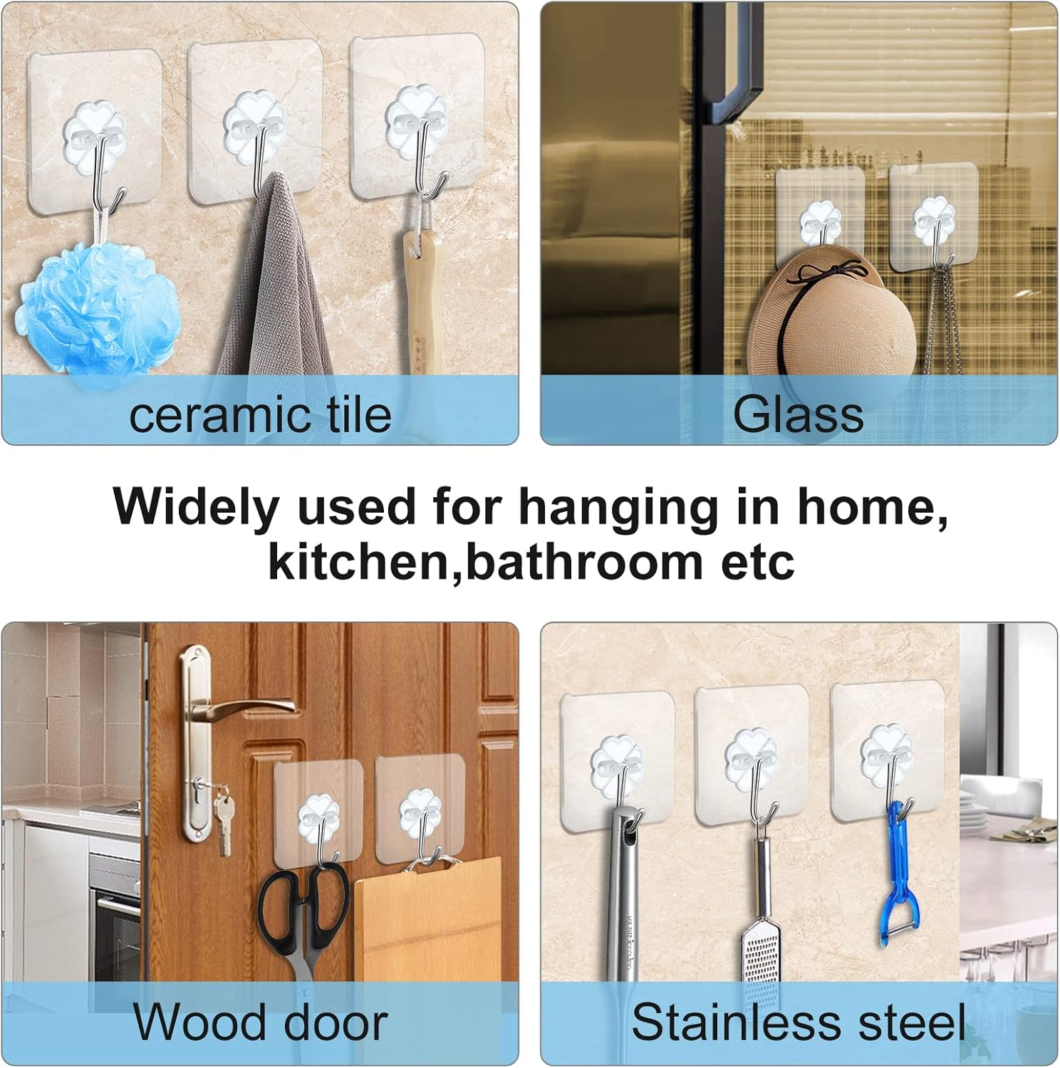 30 Packs Wall Hooks for Hanging Heavy Duty 22Lb(Max), Waterproof Transparent Self Adhesive Hooks Wall Hangers Sticky Hooks for Door Bathroom Shower Kitchen Outdoor Utility Hooks Hanger image number 2