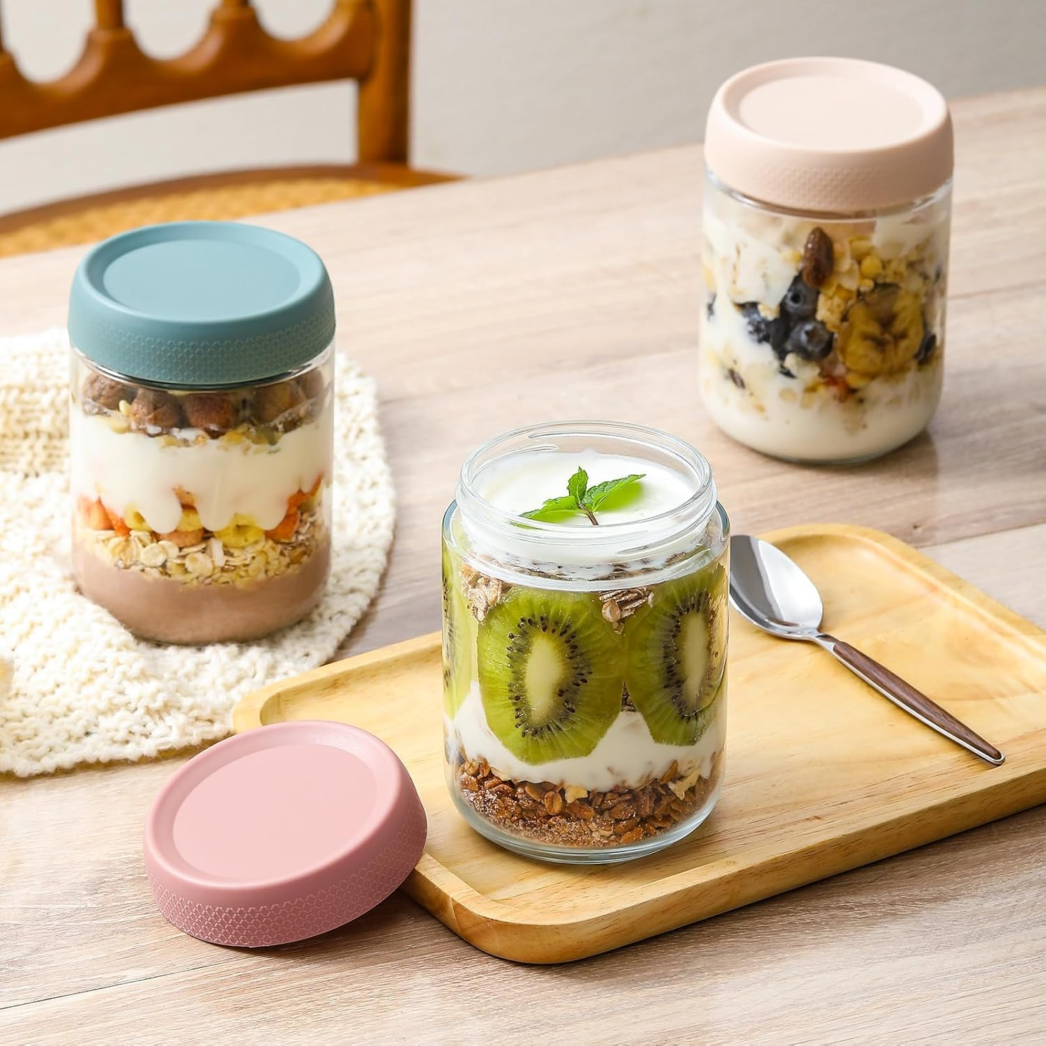 6-Pack Overnight Oats Containers with Lids, 12Oz Mason Jars with Lid for Cereal with Measurement Marks, Glass Airtight Oatmeal Container on the Go Container