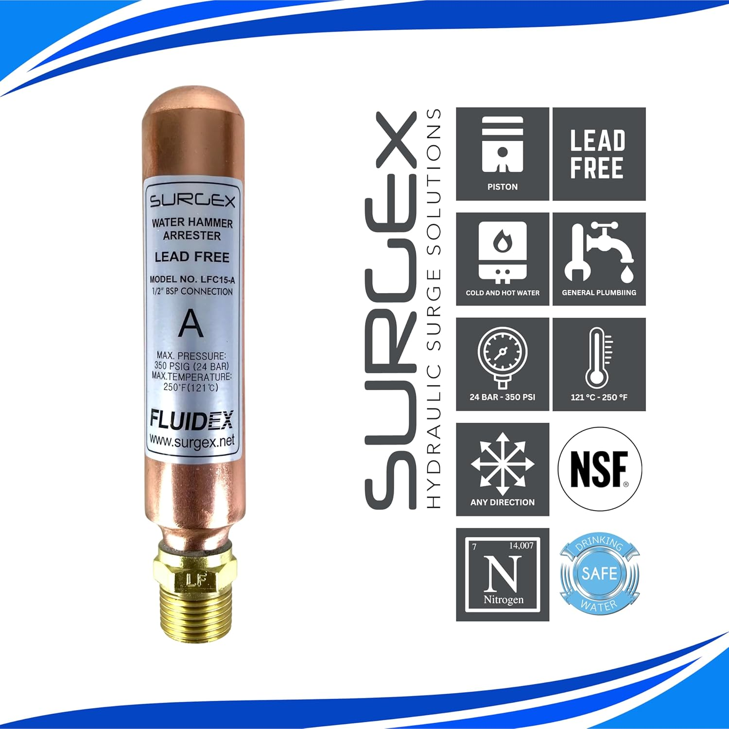 Water Hammer Arrester Surgex LFC15-A 1/2" DN15 BSP Lead Free image number 3