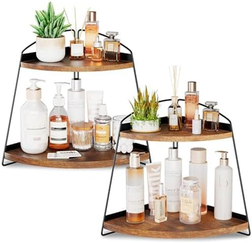 Puricon Corner Bathroom Counter Organizer, 2 Tier Corner Countertop Organizer Vanity Shelf, Wood Bathroom Organizers and Storage for Skincare -Brown image number 1