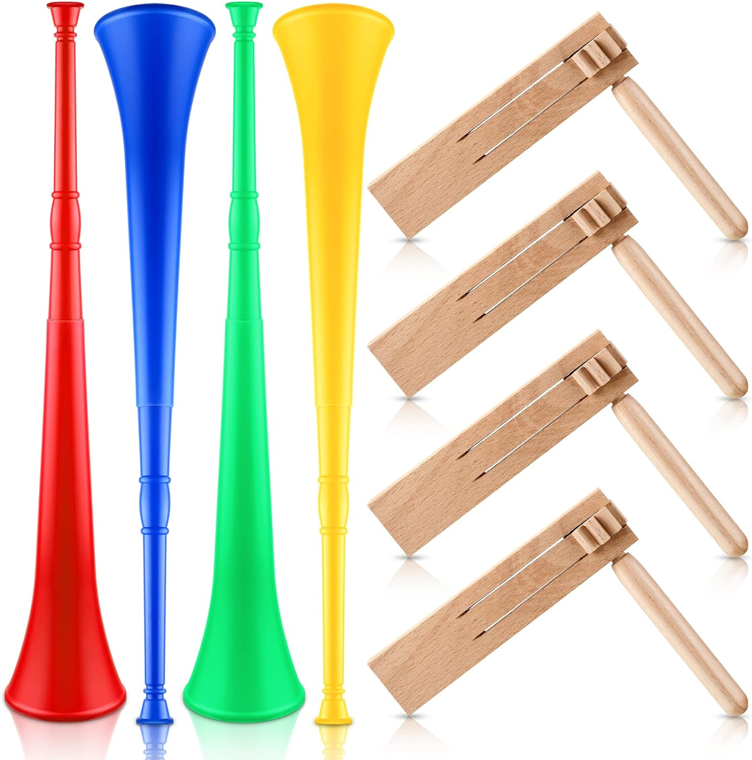 Outus 8 Pcs Noise Makers Includes 4 Pcs Matracas Wooden Ratchet Noise Maker 4 Pcs Vuvuzela Air Horn Collapsible Plastic Blow Horn Stadium Horn for Sporting Events Party Favor image number 1