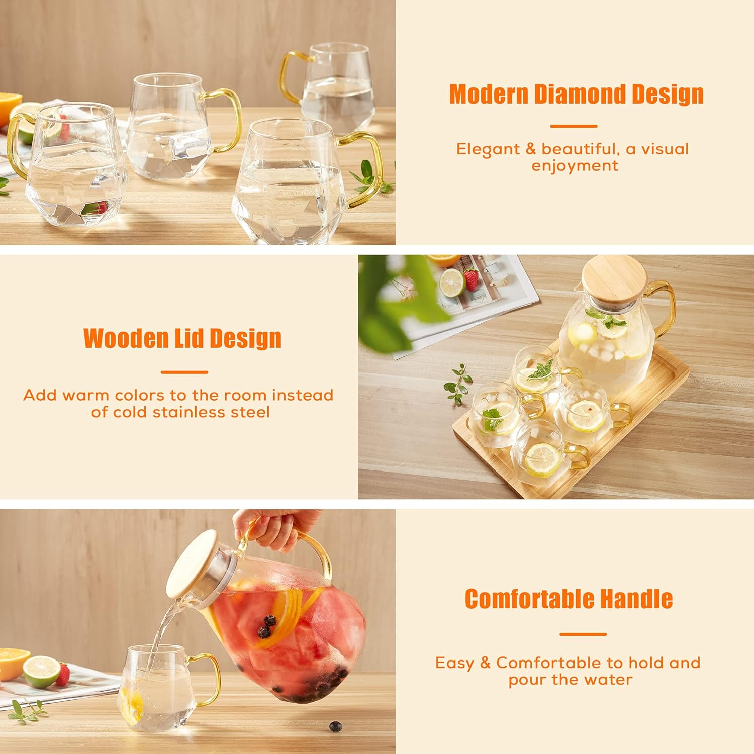 DUJUST Glass Pitcher with Lid [68 Oz], Elegant Diamond Design Water Pitcher with Handle, Decoration for Room, High Durability Water Glass Carafe for Ice Tea Maker, Beverage, Hot/Cold Coffee - 1 Glass Pitcher (Golden Lid) image number 6