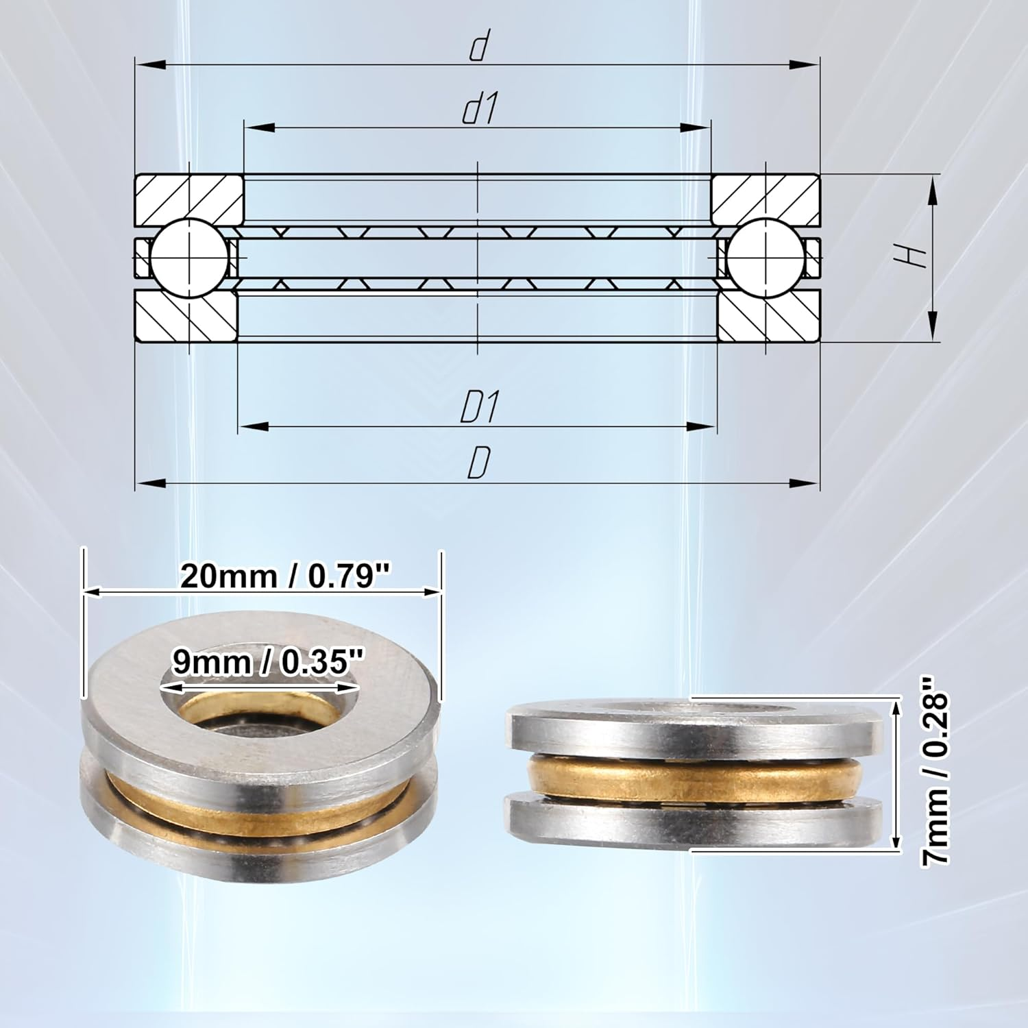 X AUTOHAUX F9-20M Thrust Ball Bearing 9X20X7Mm Single Row Roller with Washers Gold Tone - Pack of 2 image number 6