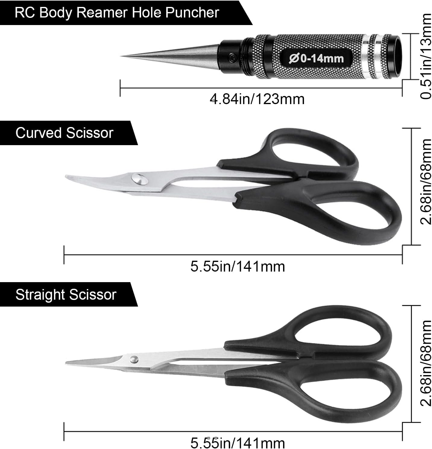RC Body Reamer Hole Puncher, Curved Scissors & Straight Scissor RC Car Body Mounting 3Pc Combo Set,0-14Mm Hole (Black) image number 1