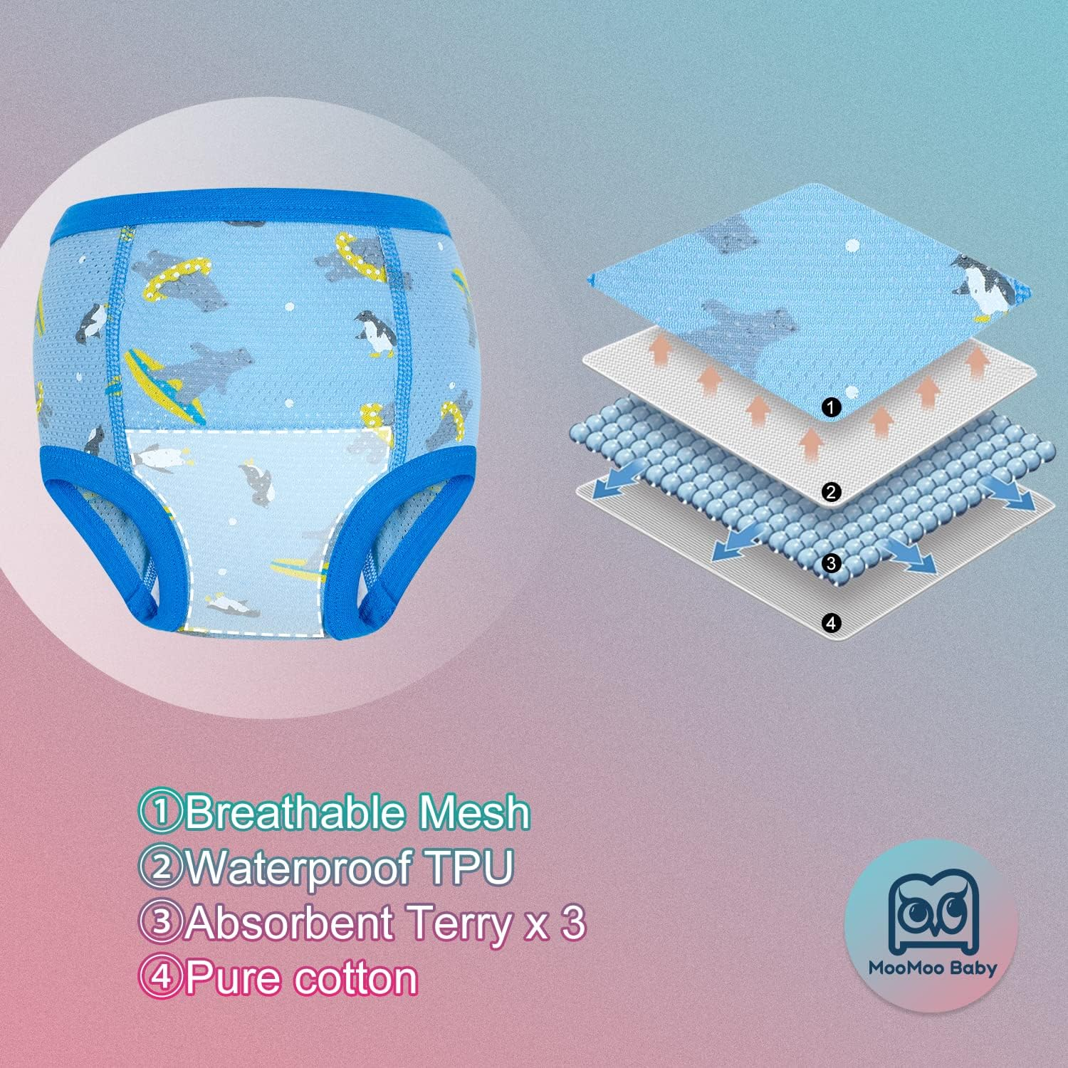 Moomoo Baby Breathable Potty Training Underwear 6 Packs Absorbent Toddler Training Pants for Boys and Girls Cotton 2T-7T image number 3