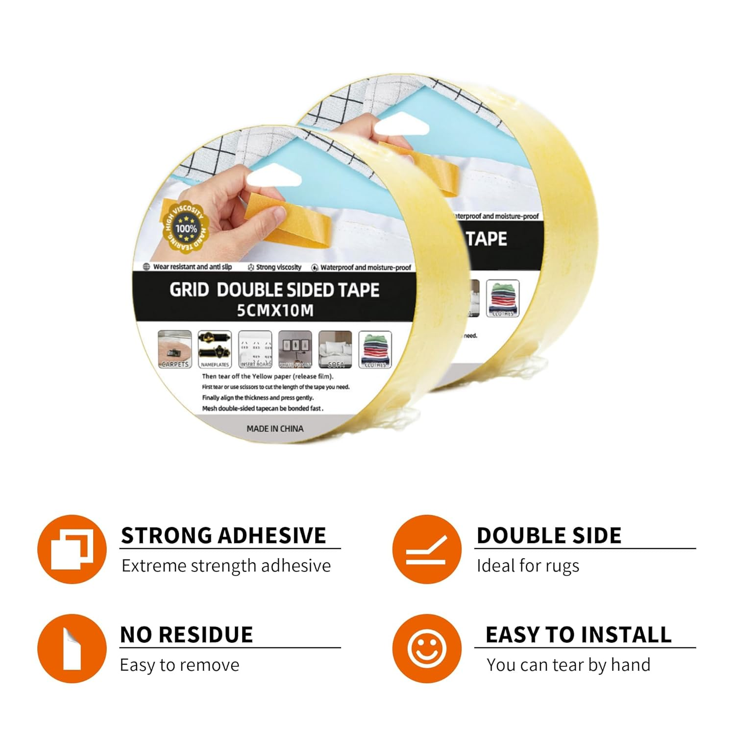 2PC Double Sided Carpet Tape Rug Tape, 5Cm*10M, Strong Adhesive and Removable, Strong Sticky Tape for Area Rugs, Photo Frames, Tile Hardwood Floors, over Carpet image number 5