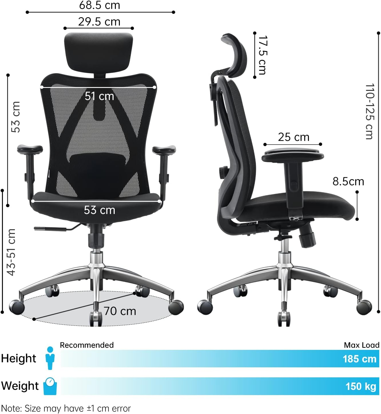 SIHOO M18 Ergonomic Desk Chair, Swivel Chair with Adjustable Lumbar Support, Headrest and Armrest, Height Adjustment and Rocker Function, Back-Friendly Office Chair, Load Capacity: up to 150 Kg image number 1