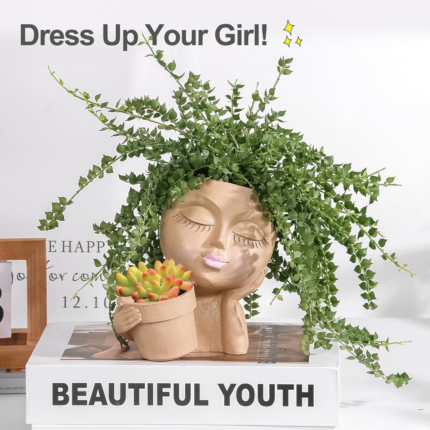 Face Planters Pots Head Planter for Indoor Outdoor Plants - Cute Plant Pots for Flower Succulent with Drainage Hole - Ideal Present Ideas(Khaki Lady) image number 3