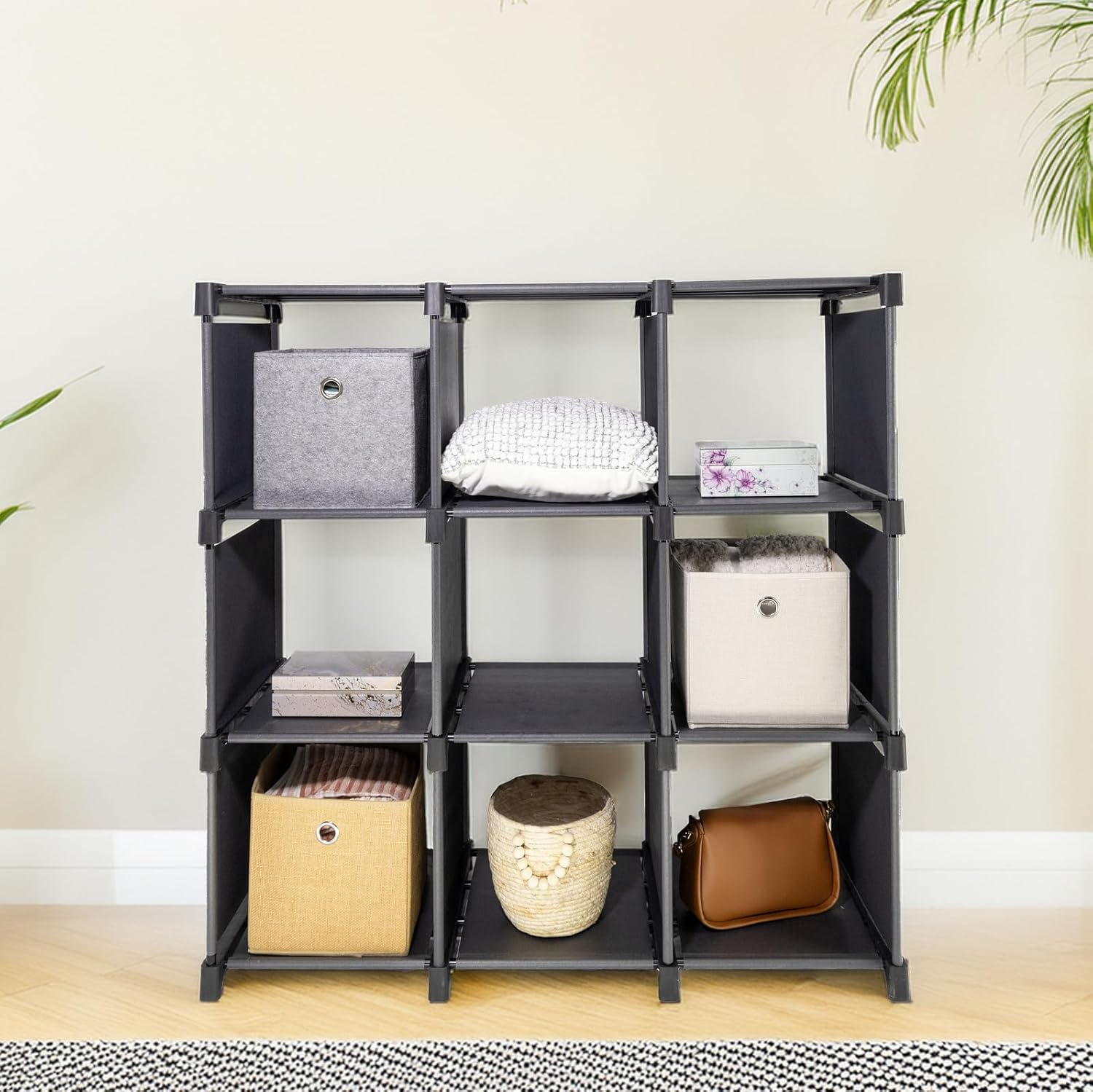 SORTI Storage Organizer, 9 Cubes, Wardrobe Closet Storage Shelves, DIY Closet Cabinet, Bookcase, Shelf for Bedroom, Living Room, Black with Rubber Mallet, Toy Storage, Books, Shoes, Clothes image number 4