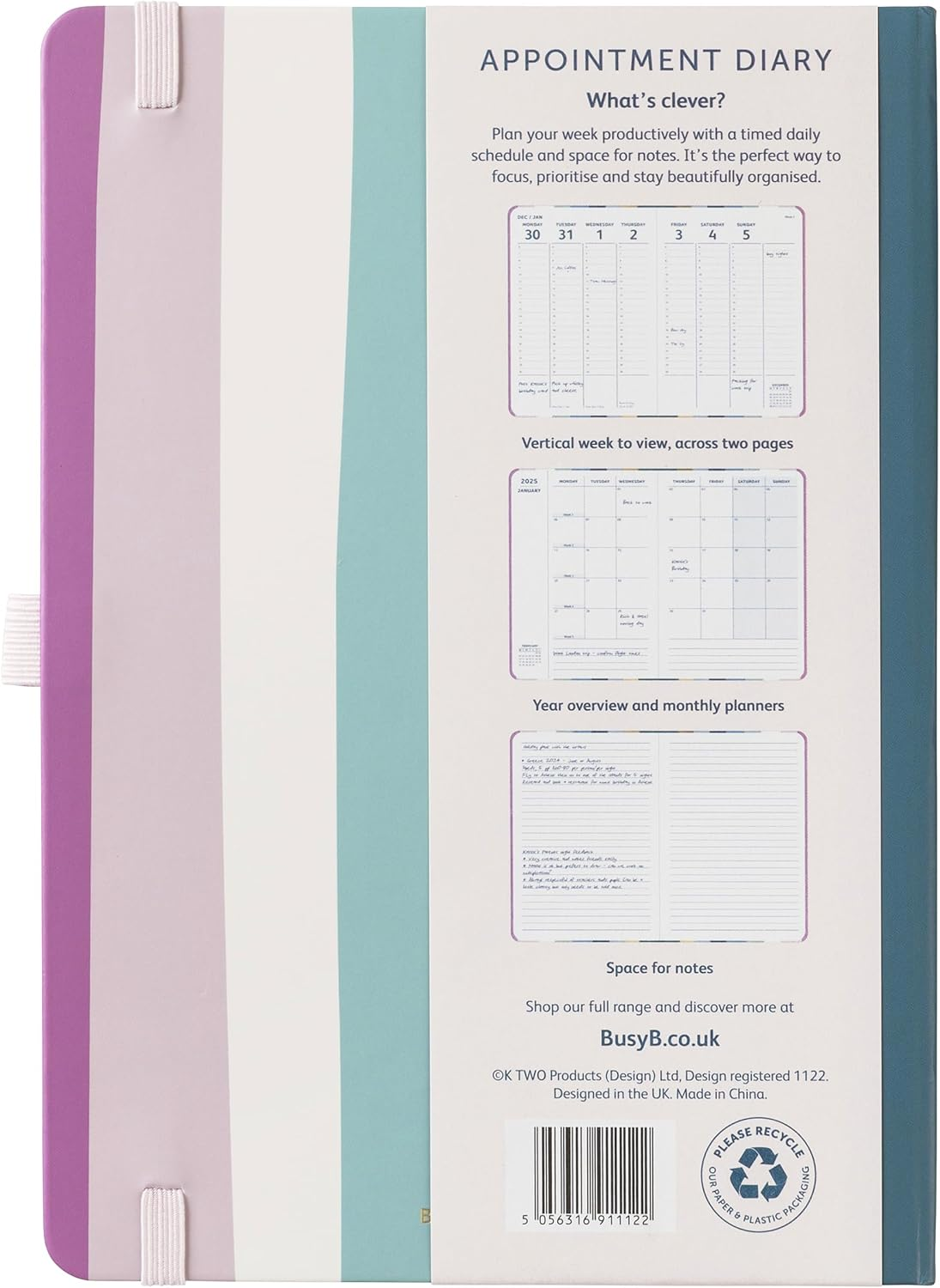 Busy B Appointment Weekly Planner Diary 2025 - Multicoloured Striped Faux Leather Cover &ndash; Manage a Busy Schedule with Week-To-View, Vertical Daily Schedules, Notes Pages & Elastic Closure Band image number 5