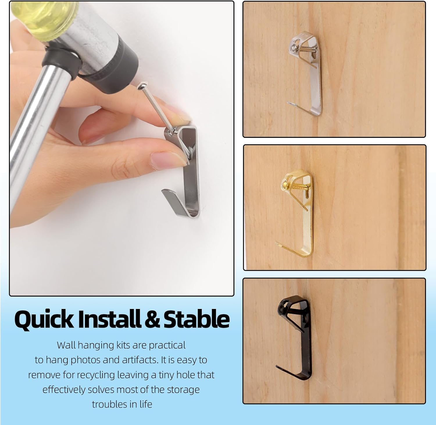 Glarks 120Pcs 10Lb/20Lb/30Lb/50Lb/100Lb Picture Hangers Hooks with Nails Kit, Gold Black Silver Picture Photo Hanging Hooks with Nails, Picture Hanging Kit for Frame, Painting, Art, Photo