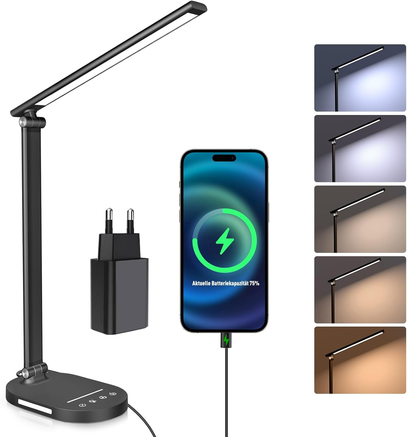 HASKARE Desk Lamp LED Dimmable Table Lamp, 5 Colour Modes and 5 Brightness Levels, Anti-Glare Eye Protection Desk Lamp, USB Charging Port, with 5V/2A Power Adapter