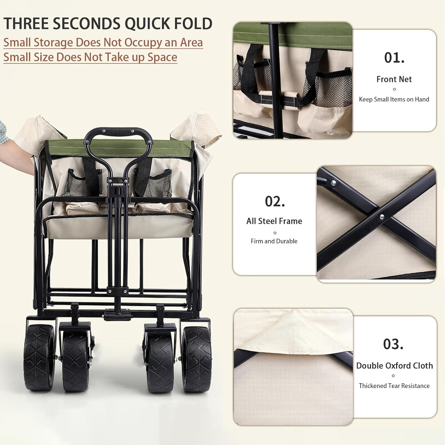 Collapsible Folding Wagon Cart, Portable Large Capacity Garden Cart with Wheels, Heavy Duty Utility Beach Cart Grocery Wagon with Adjustable Handle for Garden, Outdoor, Camping, Shopping image number 5